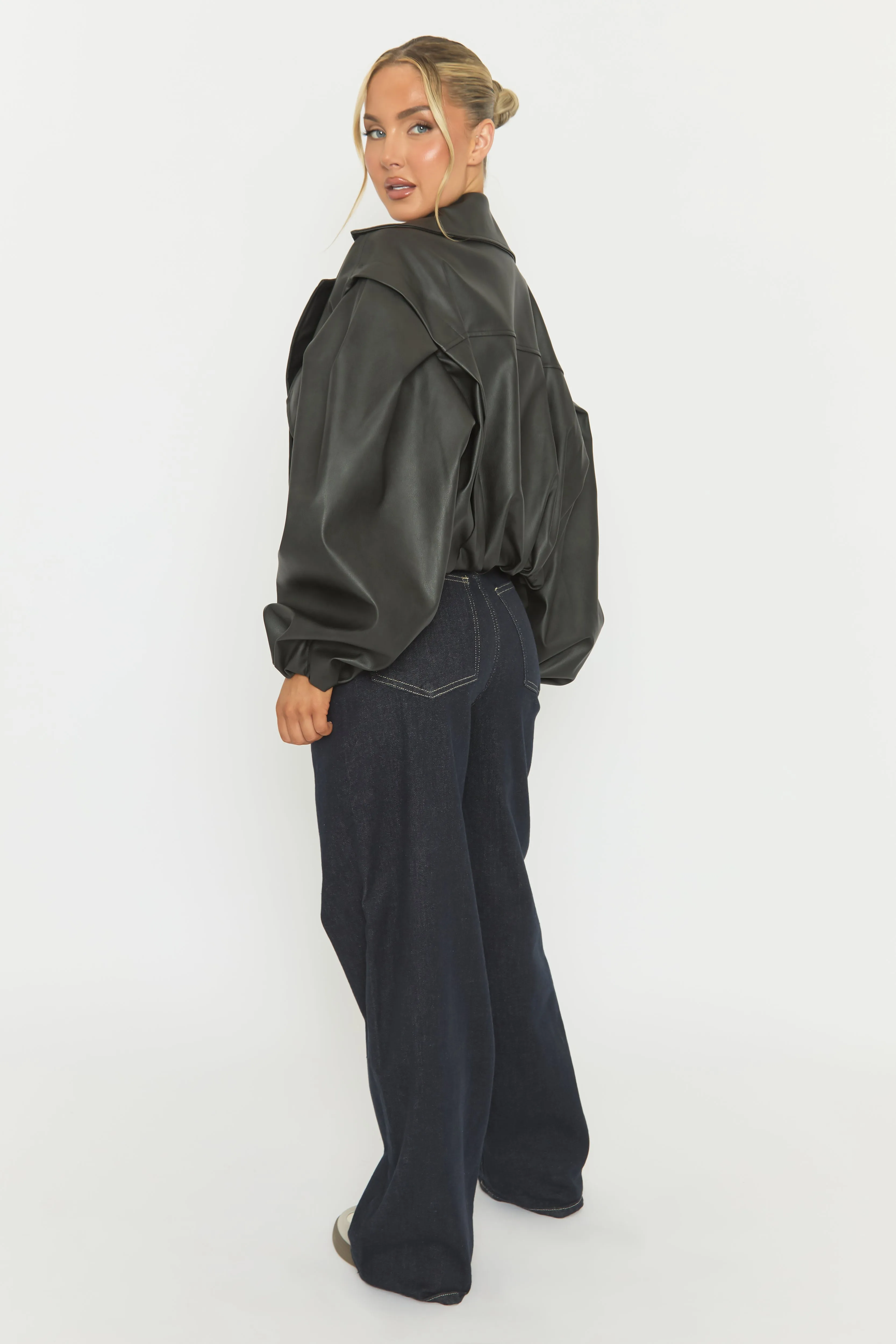 Black Faux Leather Double Breasted Cropped Trench Coat - Kylea sold by Rebellious Fashion product image thumbnail 5