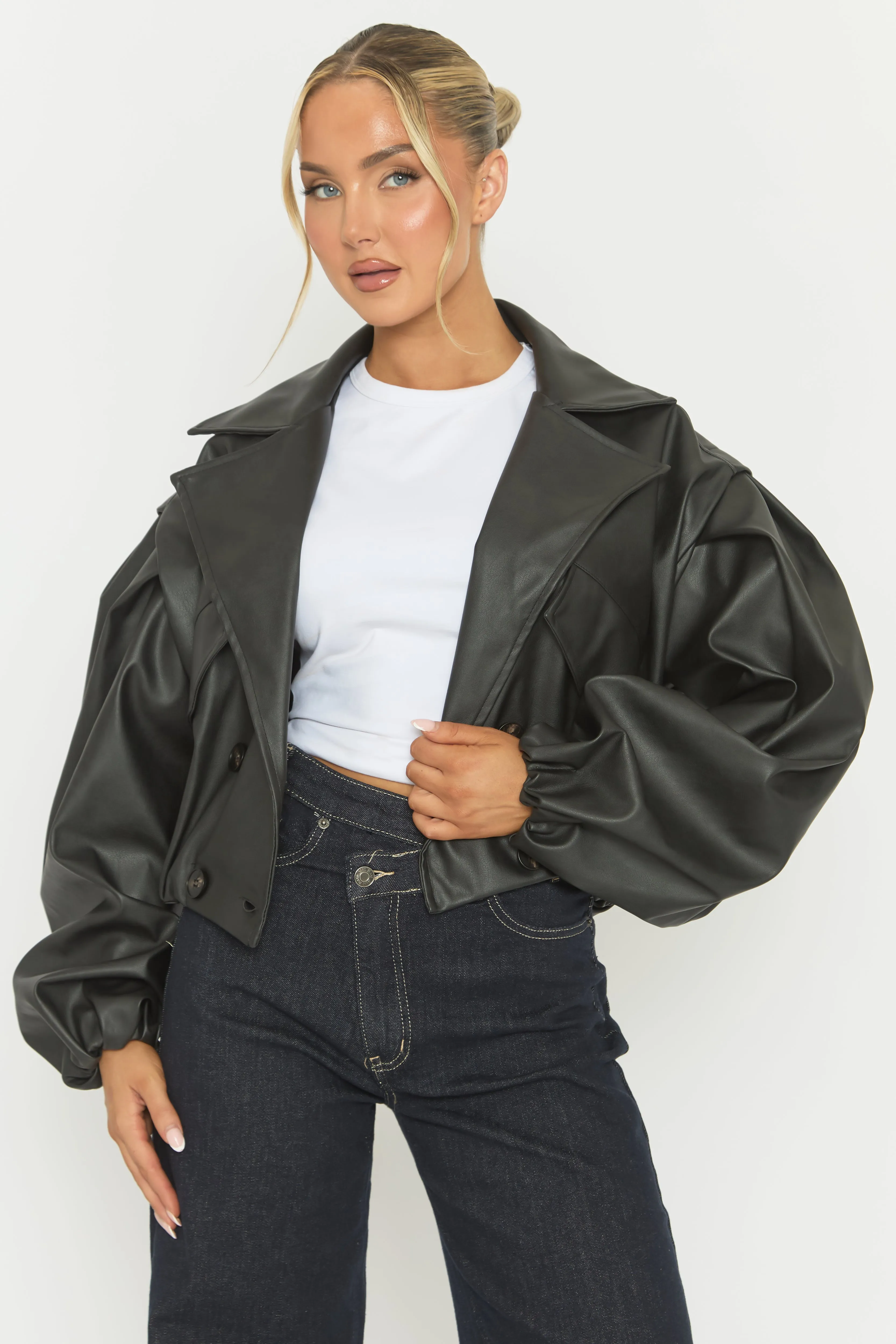 Black Faux Leather Double Breasted Cropped Trench Coat - Kylea sold by Rebellious Fashion