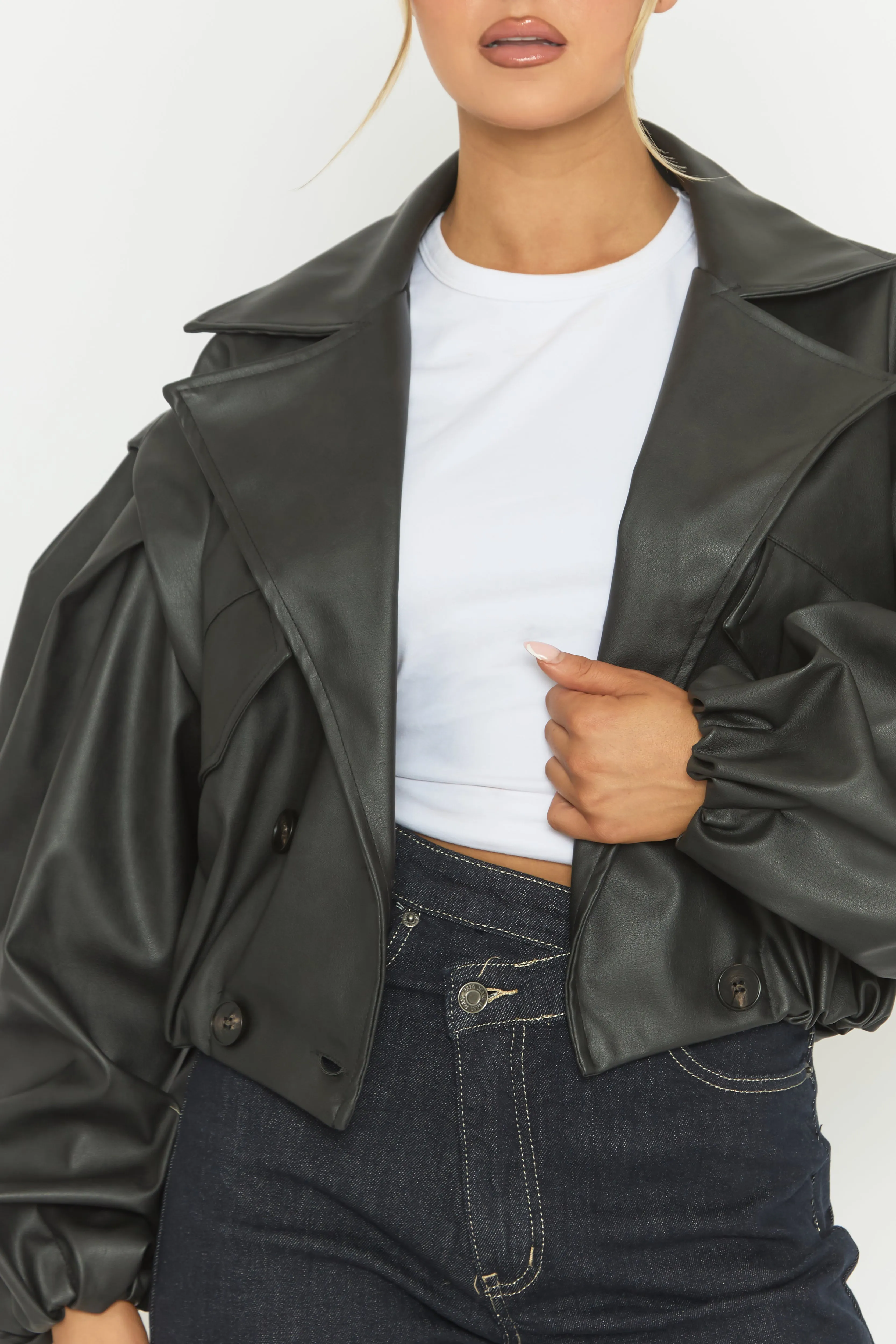 Black Faux Leather Double Breasted Cropped Trench Coat - Kylea sold by Rebellious Fashion product image thumbnail 3