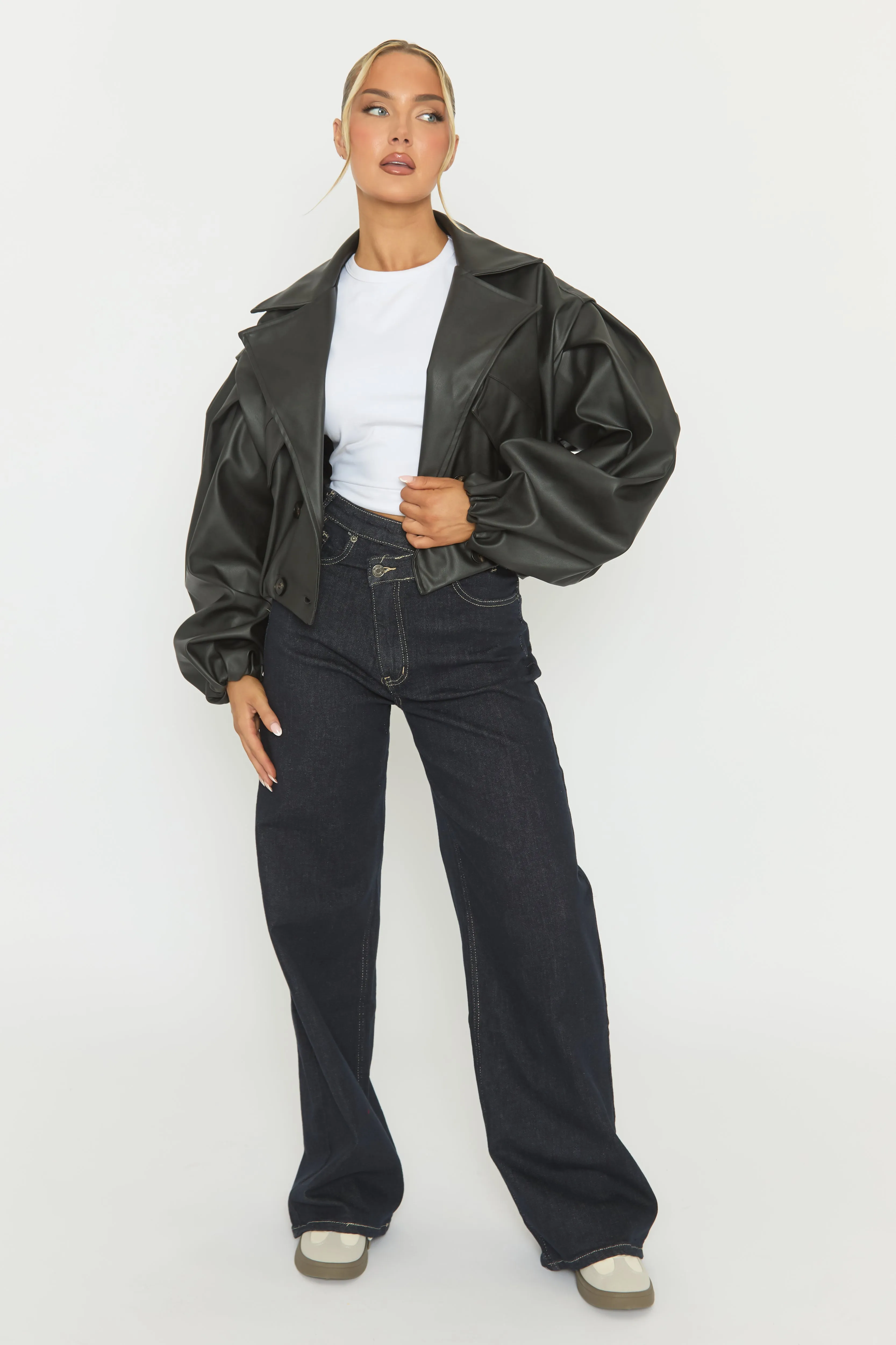 Black Faux Leather Double Breasted Cropped Trench Coat - Kylea sold by Rebellious Fashion product image thumbnail 4