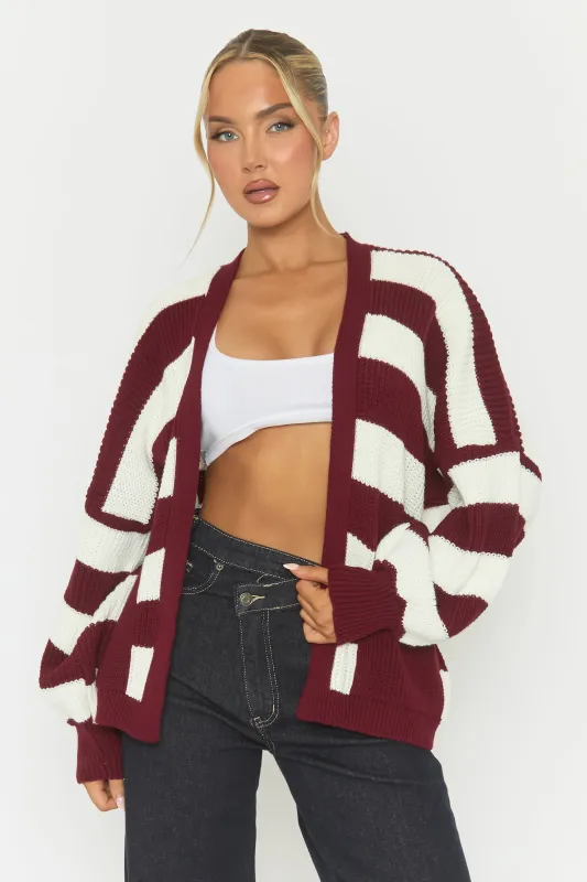 Wine Stripe Balloon Sleeve Knit Cardigan - Elvia sold by Rebellious Fashion