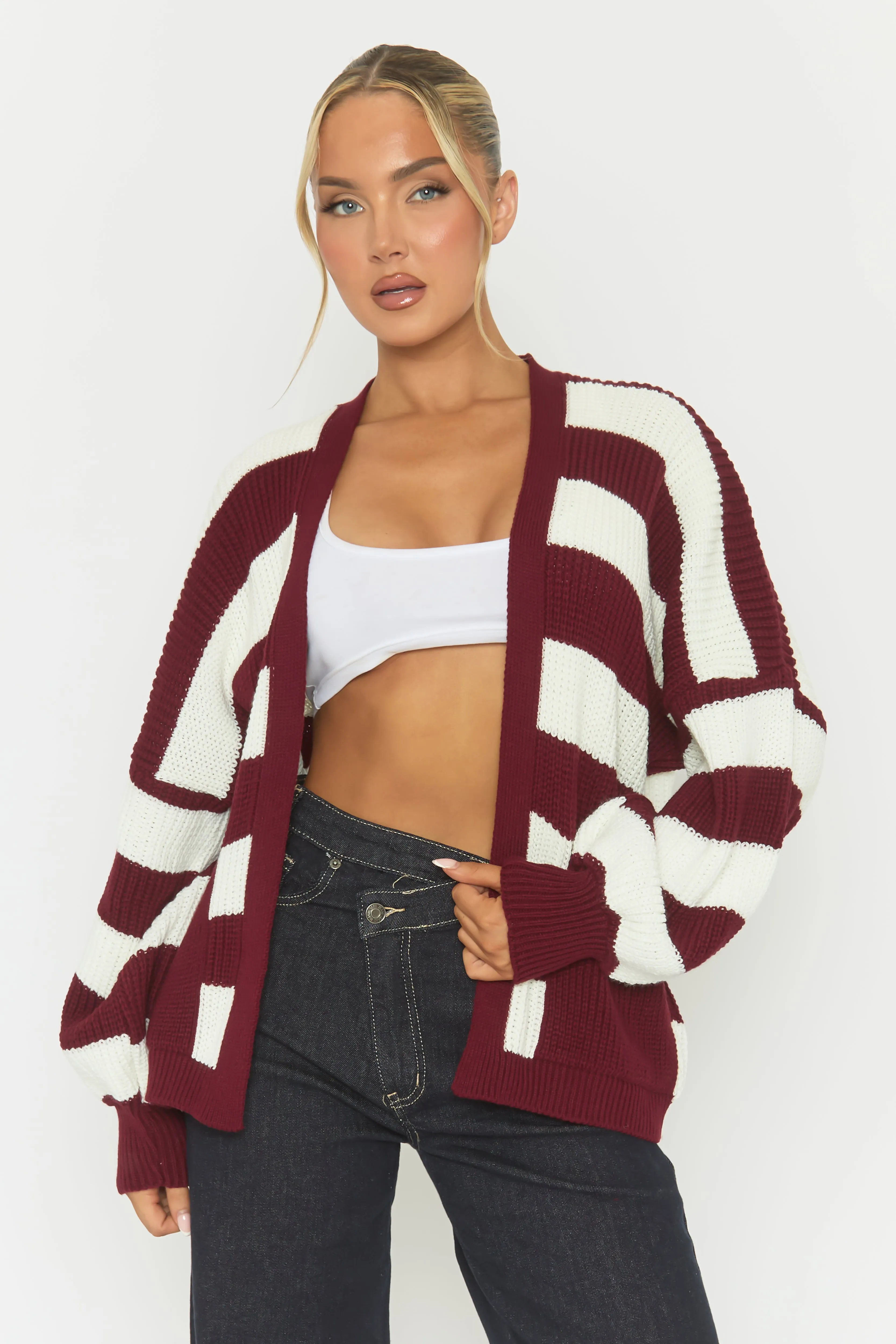 Wine Stripe Balloon Sleeve Knit Cardigan - Elvia sold by Rebellious Fashion