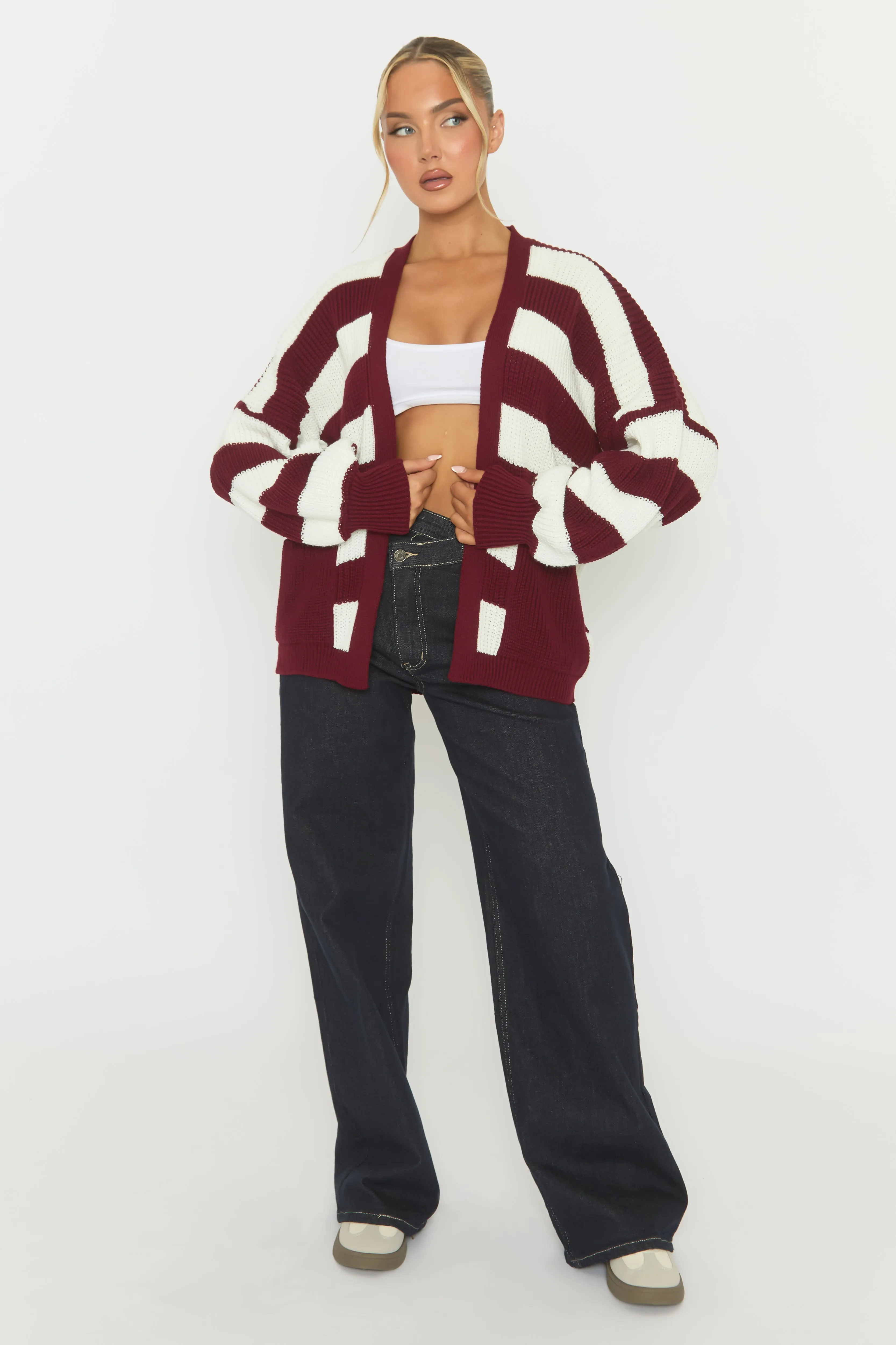 Wine Stripe Balloon Sleeve Knit Cardigan - Elvia sold by Rebellious Fashion product image thumbnail 2