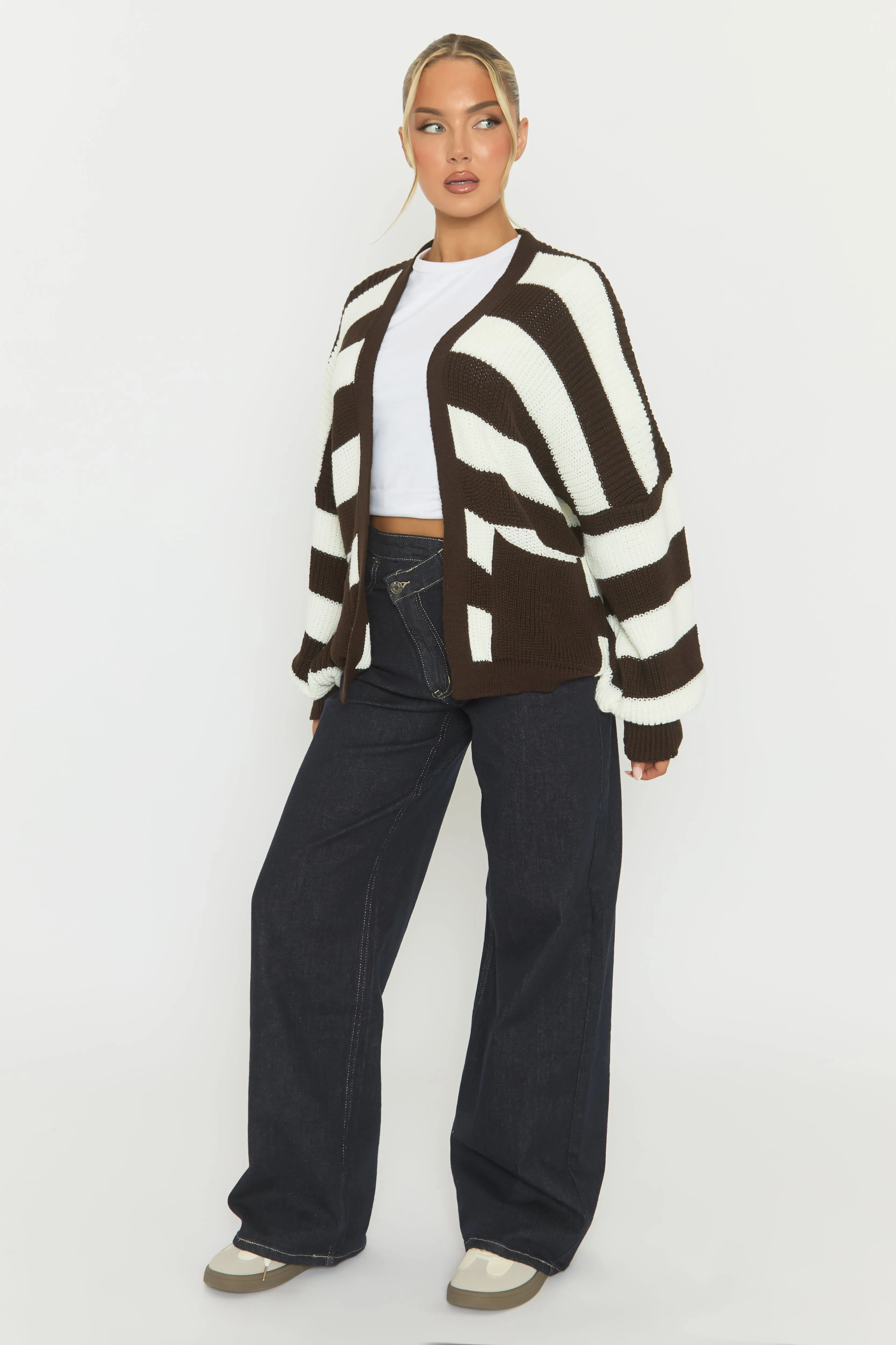 Chocolate Stripe Balloon Sleeve Knit Cardigan - Elvia sold by Rebellious Fashion product image thumbnail 4