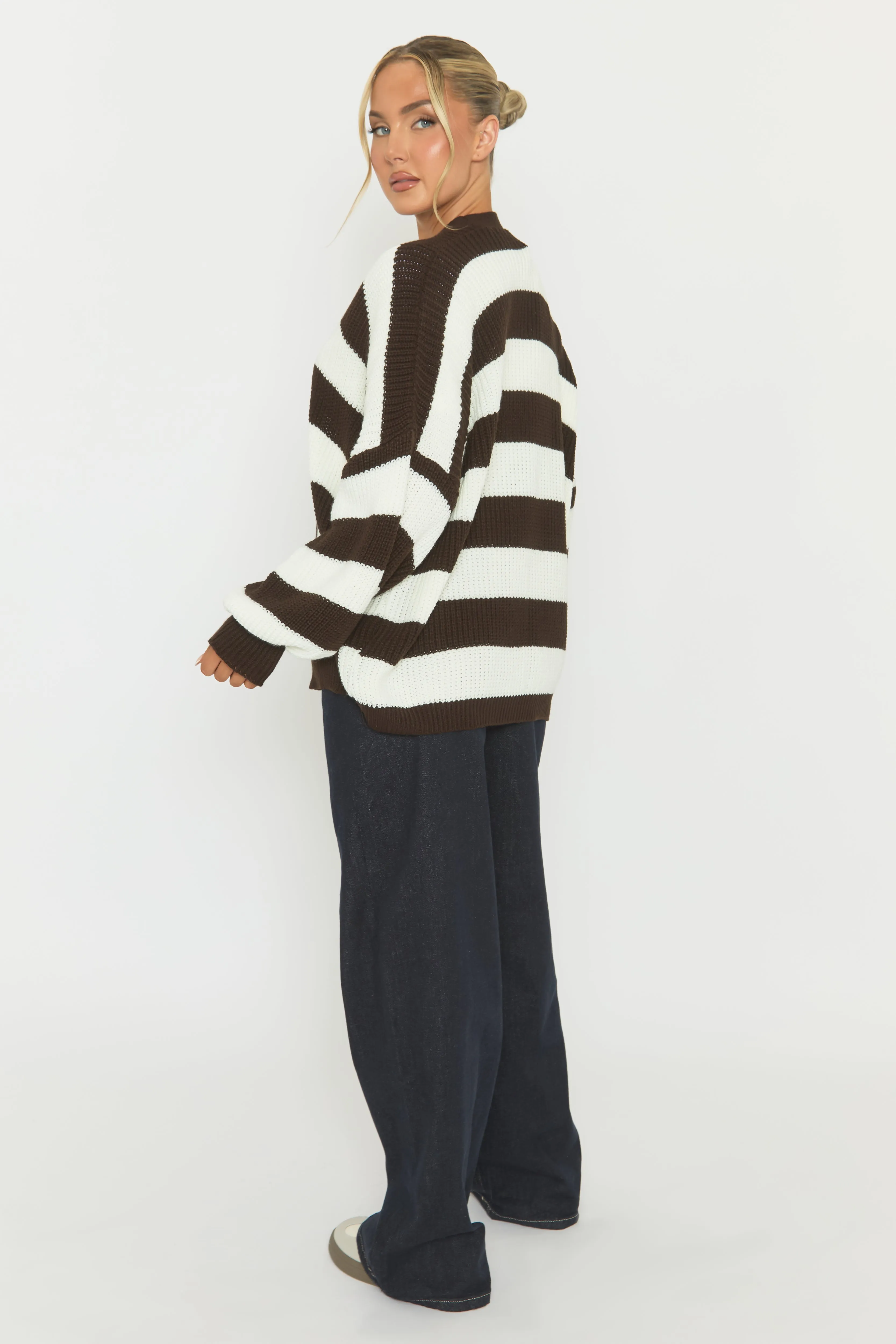 Chocolate Stripe Balloon Sleeve Knit Cardigan - Elvia sold by Rebellious Fashion product image thumbnail 5