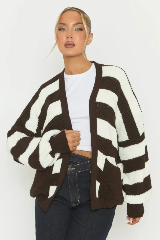 Chocolate Stripe Balloon Sleeve Knit Cardigan - Elvia sold by Rebellious Fashion