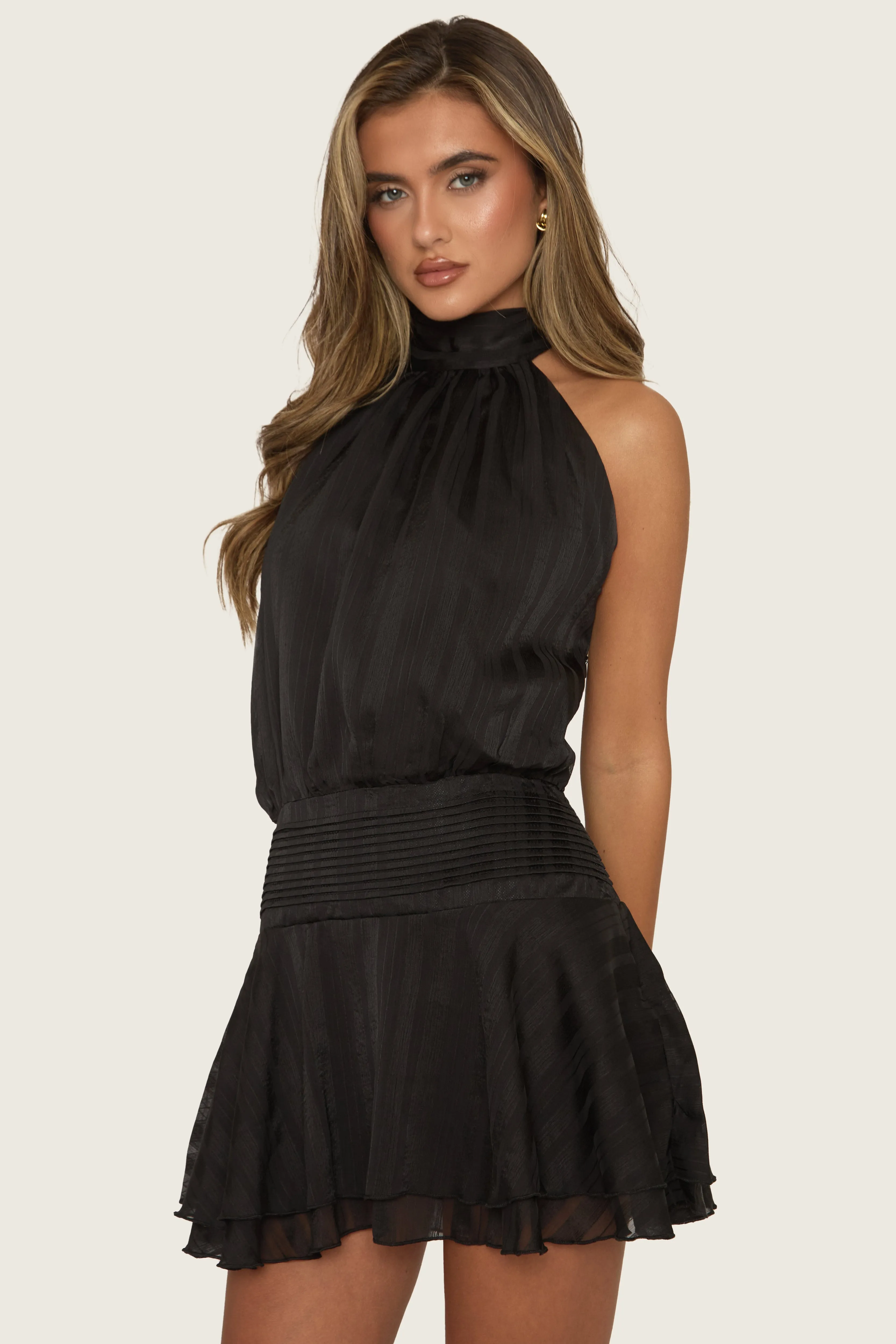 Black Halter Neck Blouson Ruffle Mini Dress - Geena sold by Rebellious Fashion product image thumbnail 2