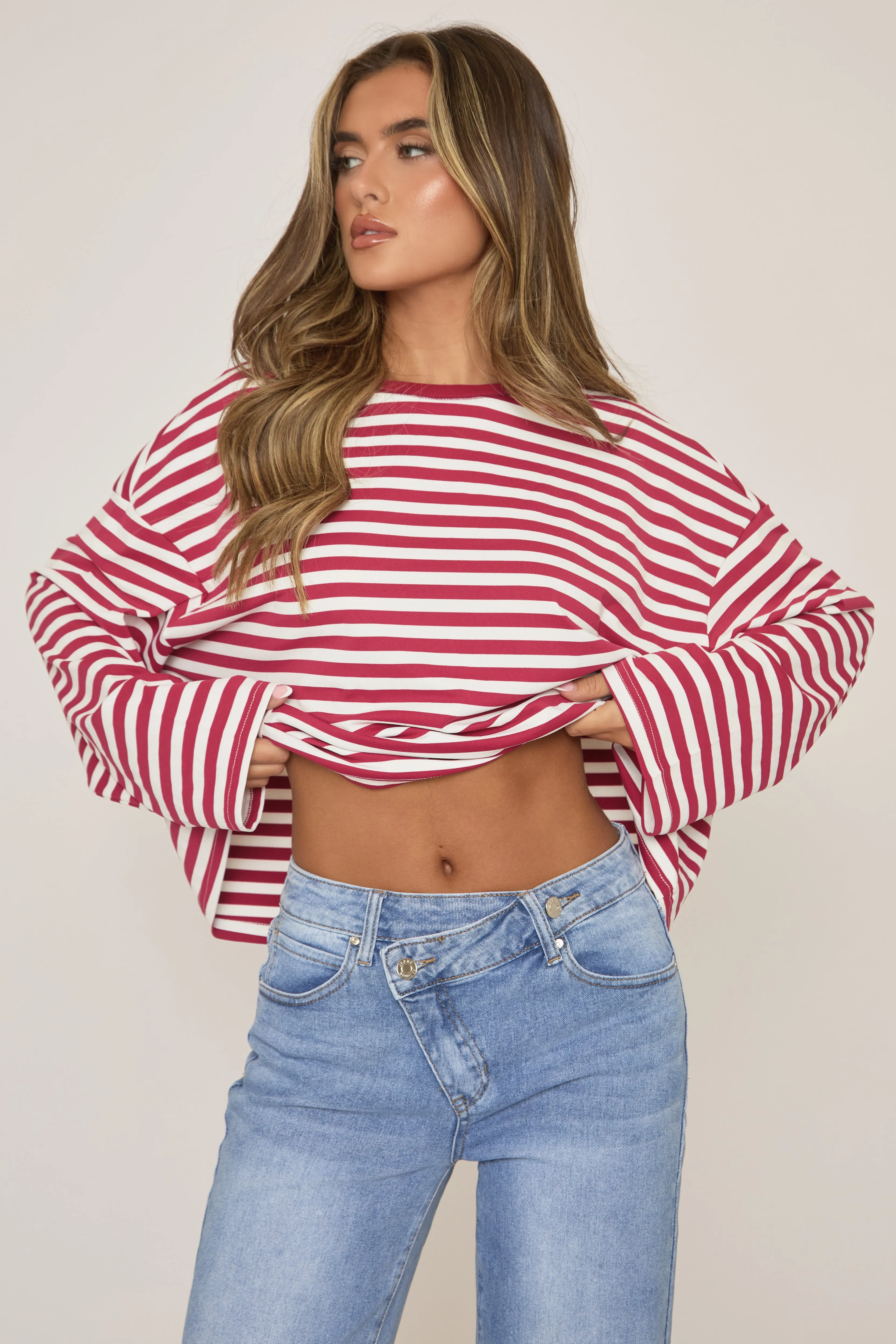 Wine Stripe Long Sleeve Crew Neck Top - Fraiser sold by Rebellious Fashion product image thumbnail 3
