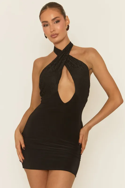 Black Lace Halter Wrap Mini Dress - Breella sold by Rebellious Fashion
