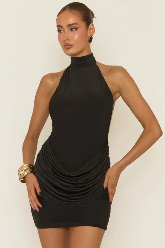 Black Drape Front Halter Mini Dress - Carren sold by Rebellious Fashion