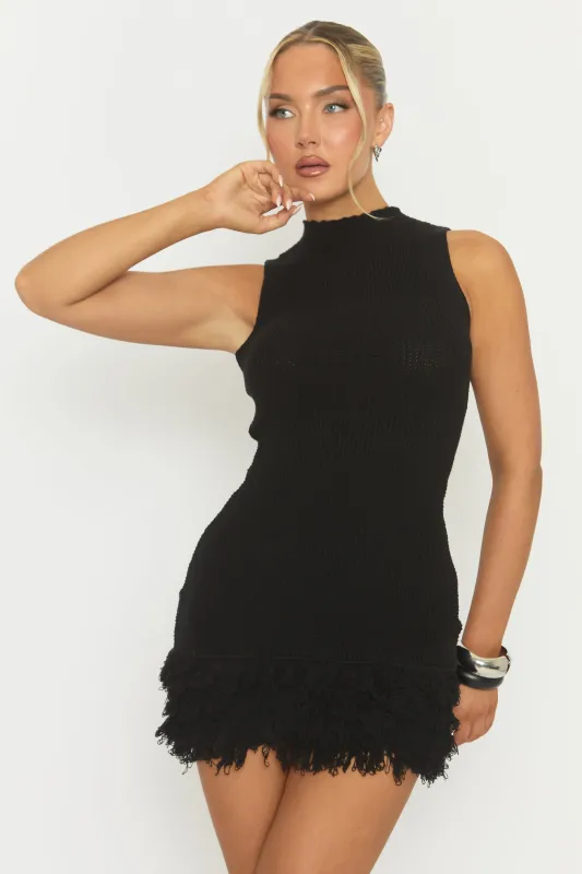 Black Fringed Hem Knit Mini Dress - Rebekka sold by Rebellious Fashion