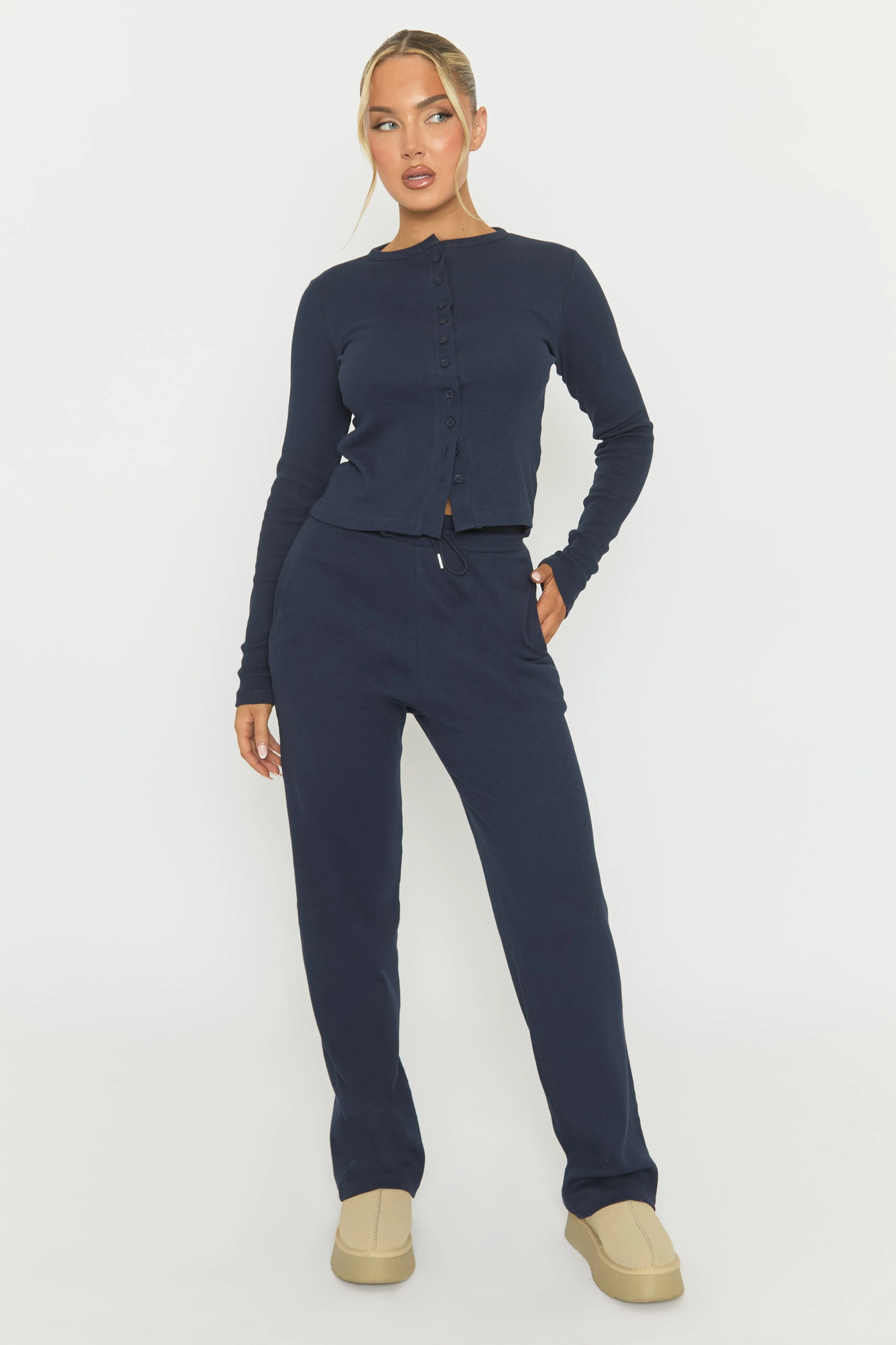 Navy Button Front Long Sleeve Top and Trouser Loungewear Set - Izzabelle sold by Rebellious Fashion product image thumbnail 2