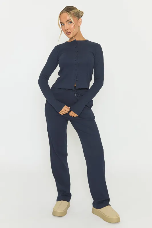Navy Button Front Long Sleeve Top and Trouser Loungewear Set - Izzabelle sold by Rebellious Fashion