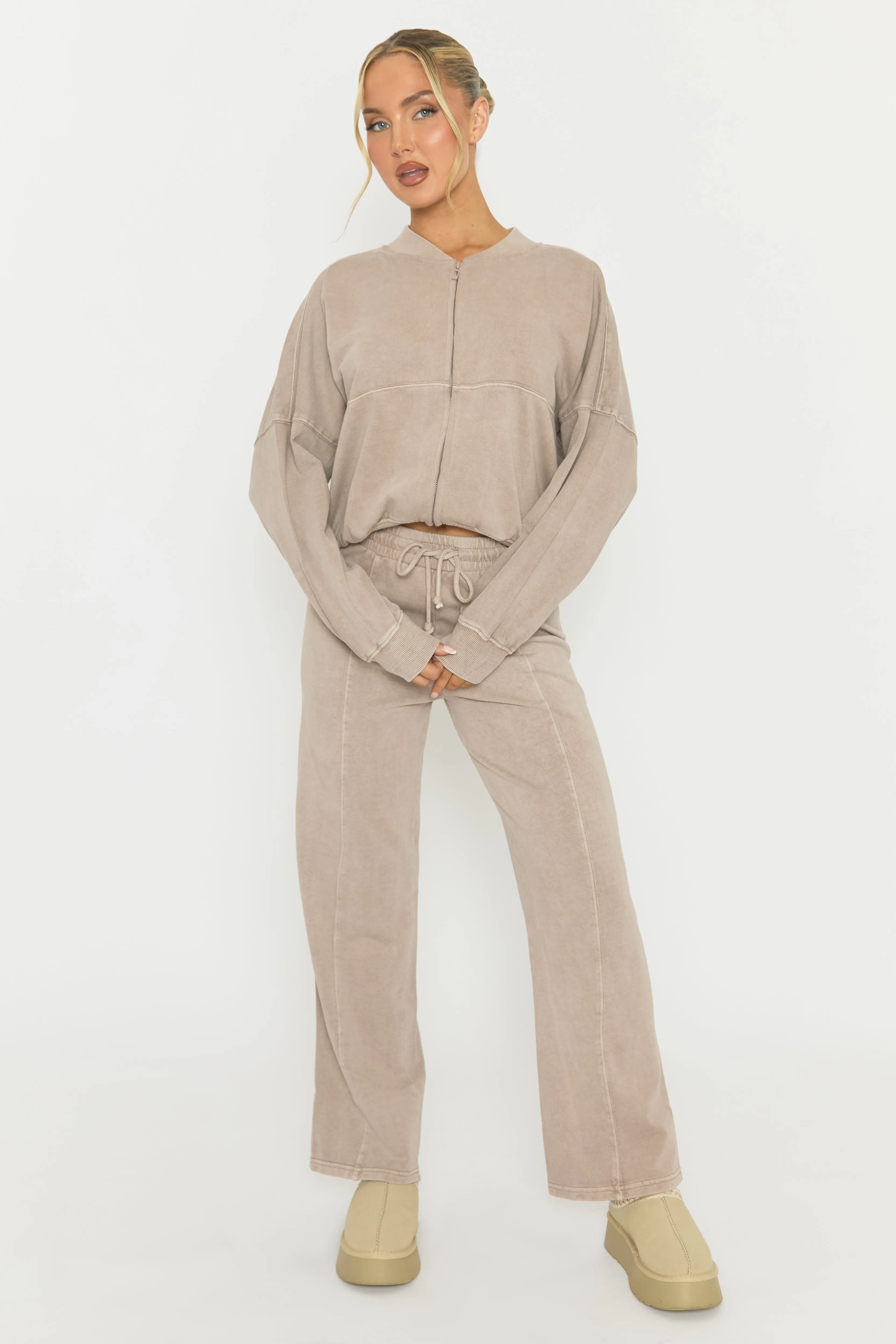 Dove Grey Acid Wash Bomber and Wide Leg Jogger Loungewear Set - Macay sold by Rebellious Fashion