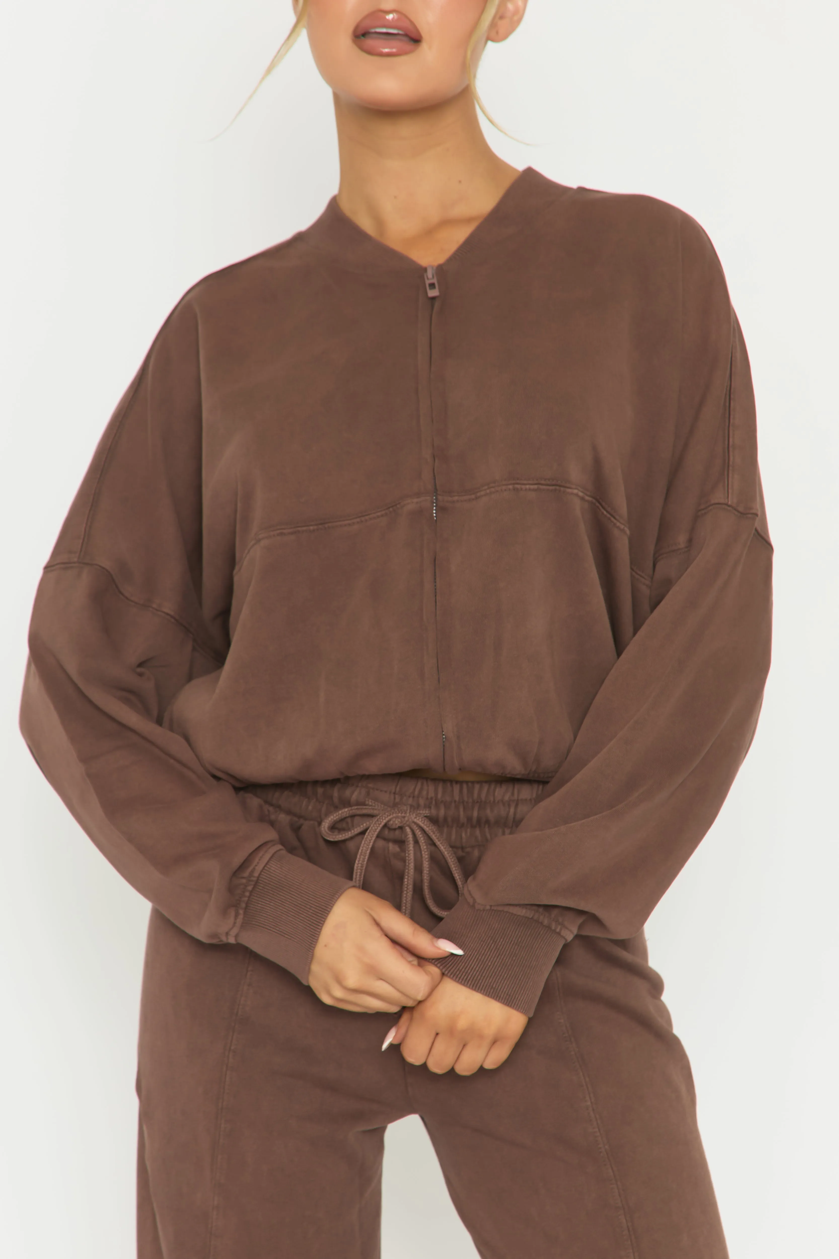 Chocolate Acid Wash Bomber and Wide Leg Jogger Loungewear Set - Macay sold by Rebellious Fashion product image thumbnail 5