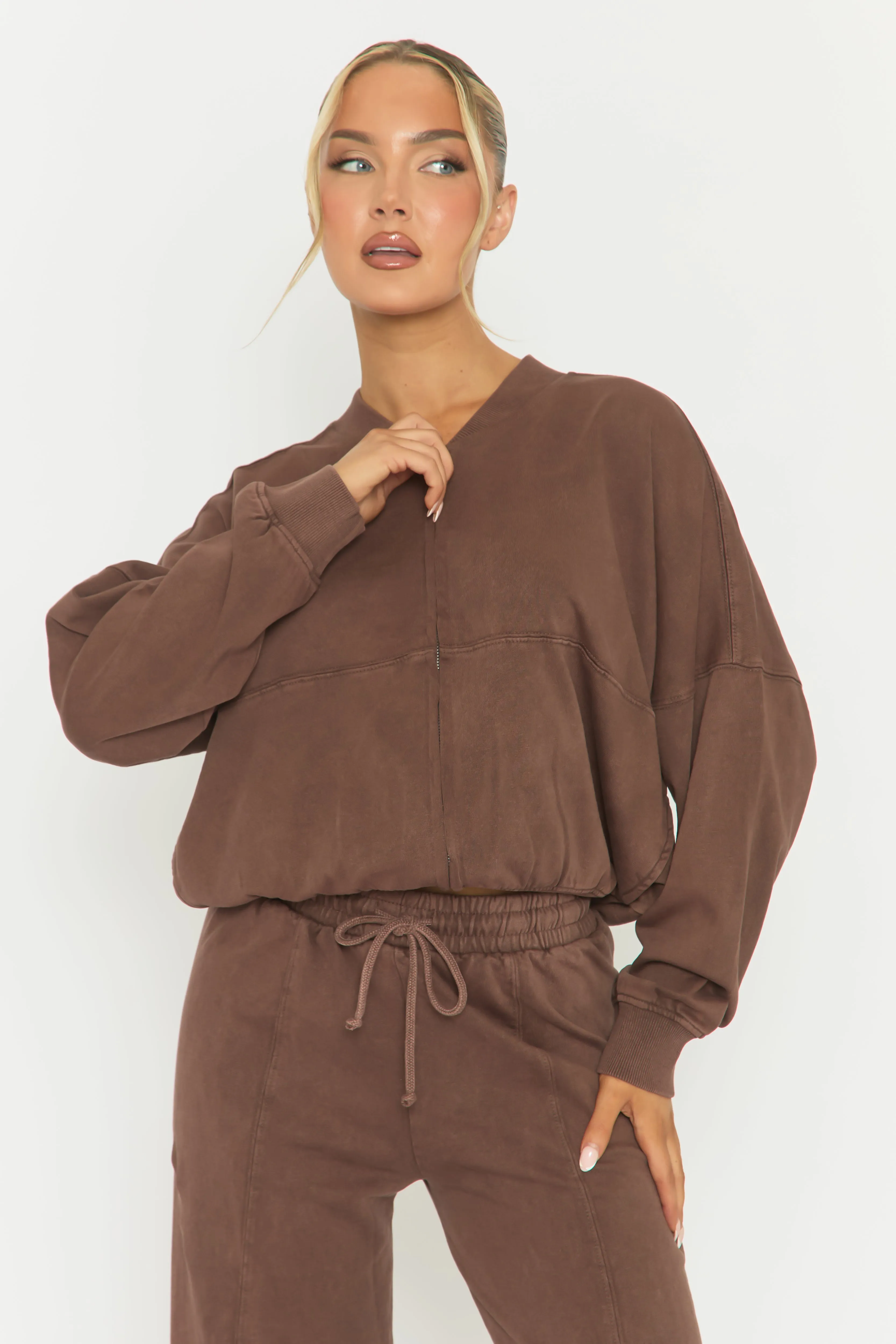 Chocolate Acid Wash Bomber and Wide Leg Jogger Loungewear Set - Macay sold by Rebellious Fashion product image thumbnail 3