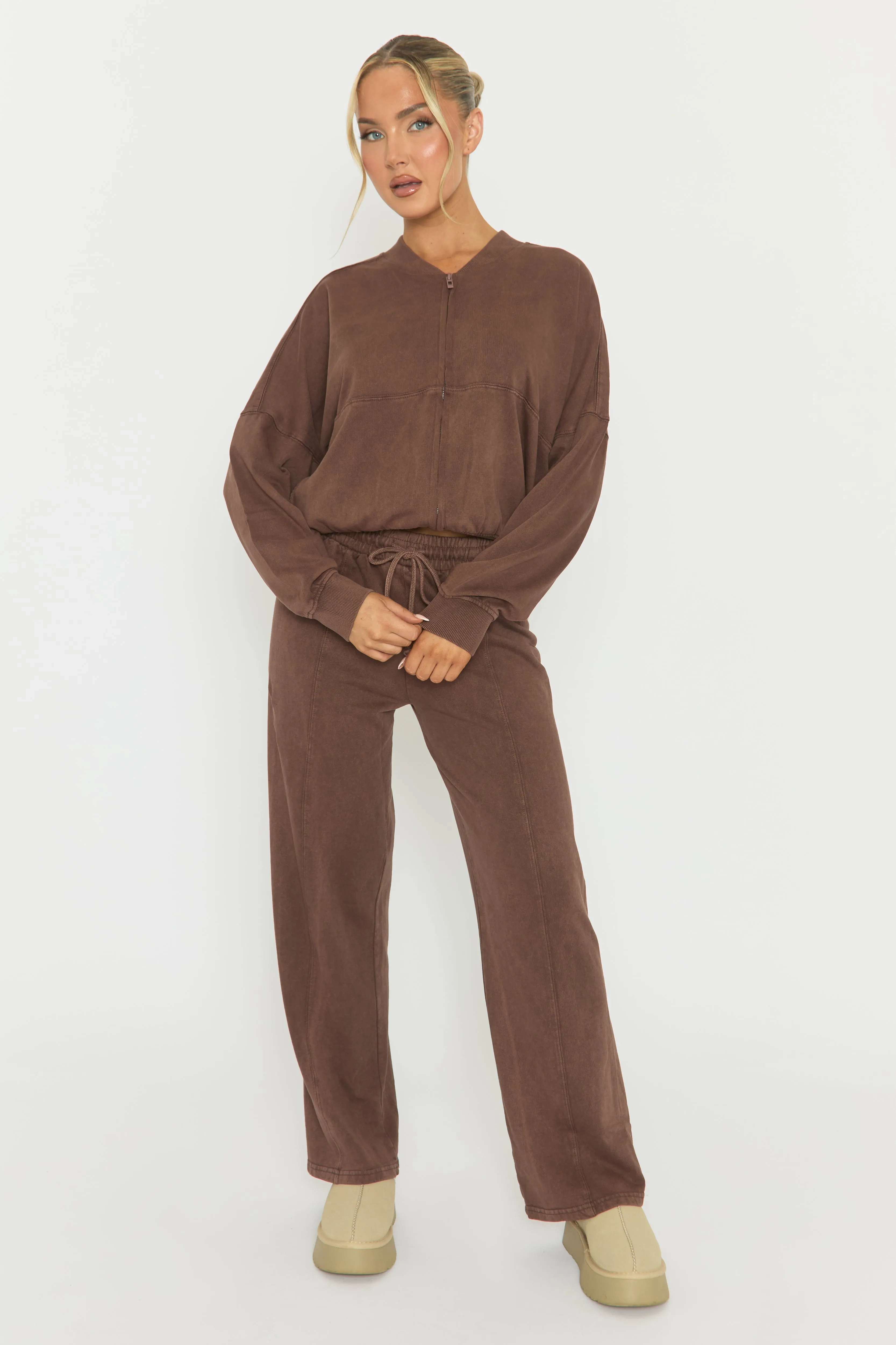 Chocolate Acid Wash Bomber and Wide Leg Jogger Loungewear Set - Macay sold by Rebellious Fashion product image thumbnail 2