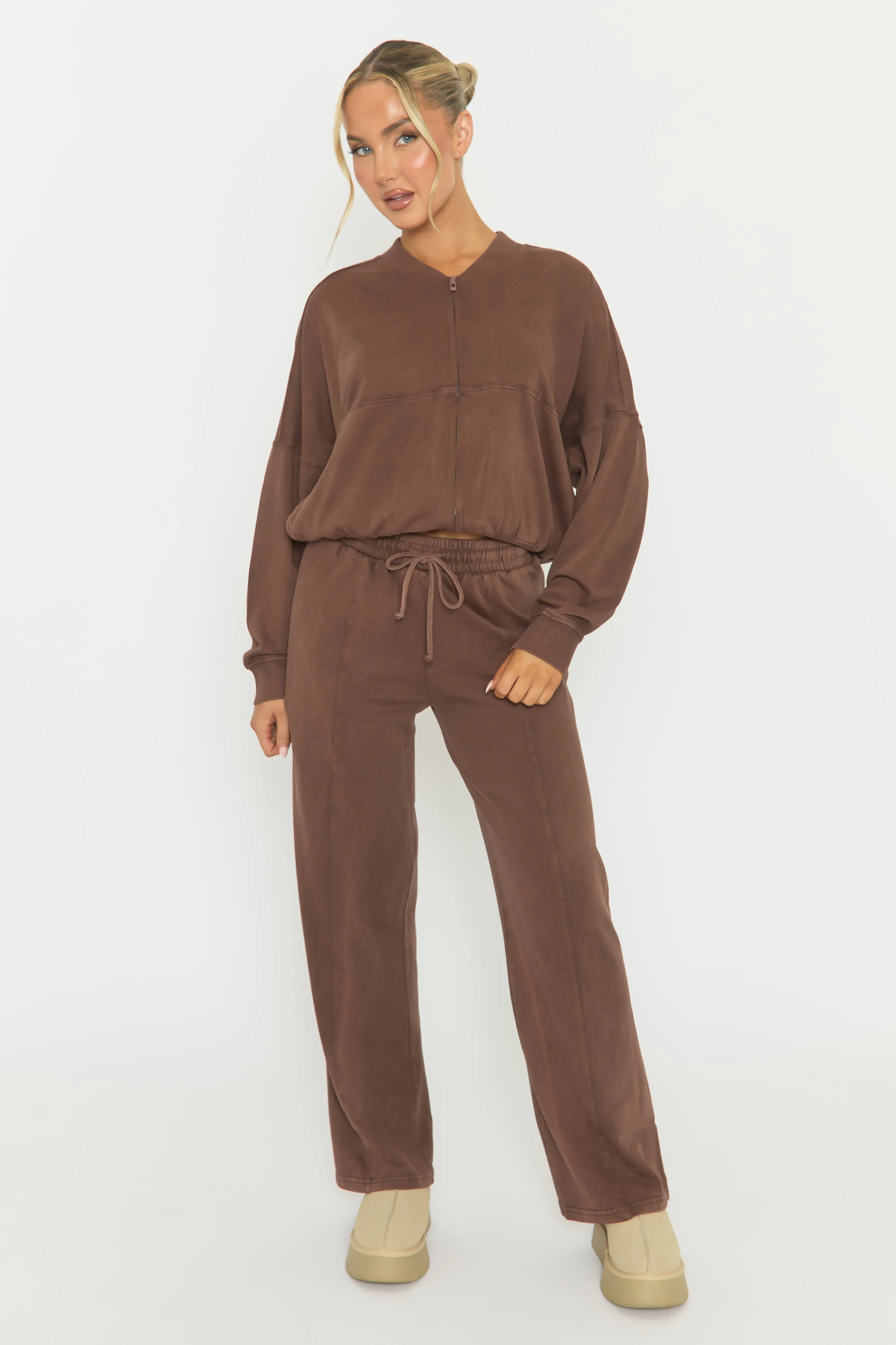 Chocolate Acid Wash Bomber and Wide Leg Jogger Loungewear Set - Macay sold by Rebellious Fashion