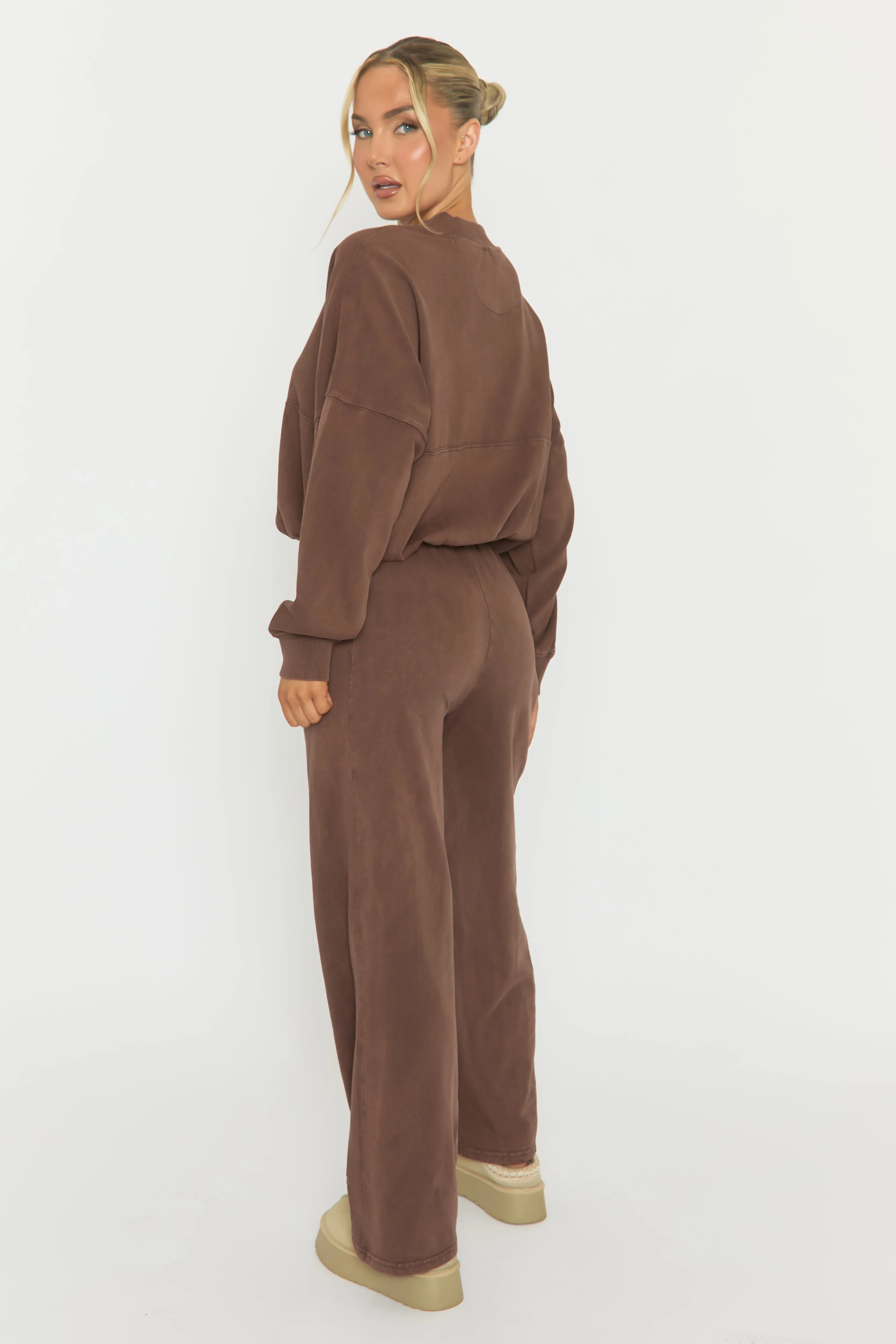 Chocolate Acid Wash Bomber and Wide Leg Jogger Loungewear Set - Macay sold by Rebellious Fashion product image thumbnail 4