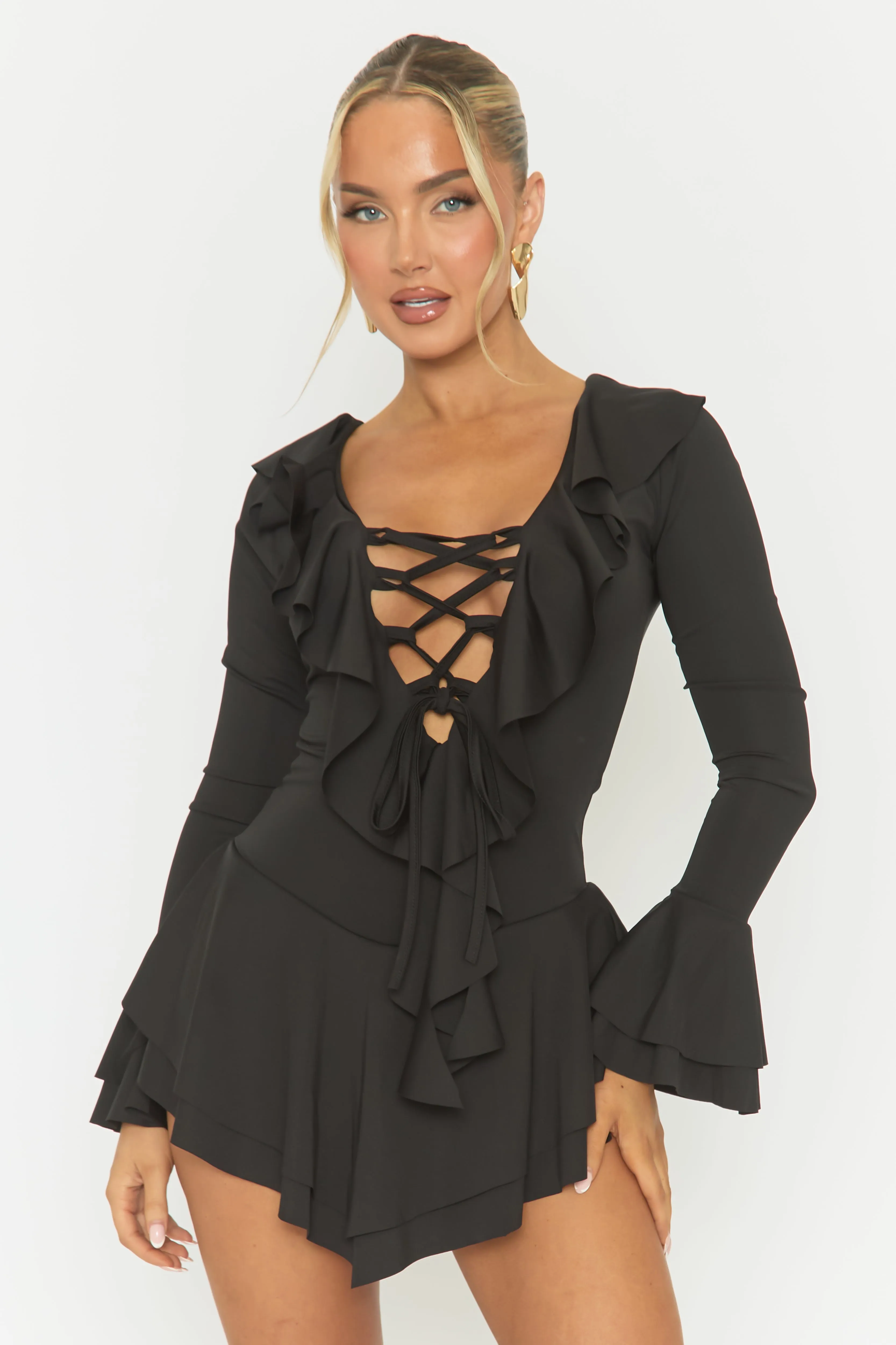 Black Tie Front Ruffle Hem Playsuit - Nevia sold by Rebellious Fashion product image thumbnail 2