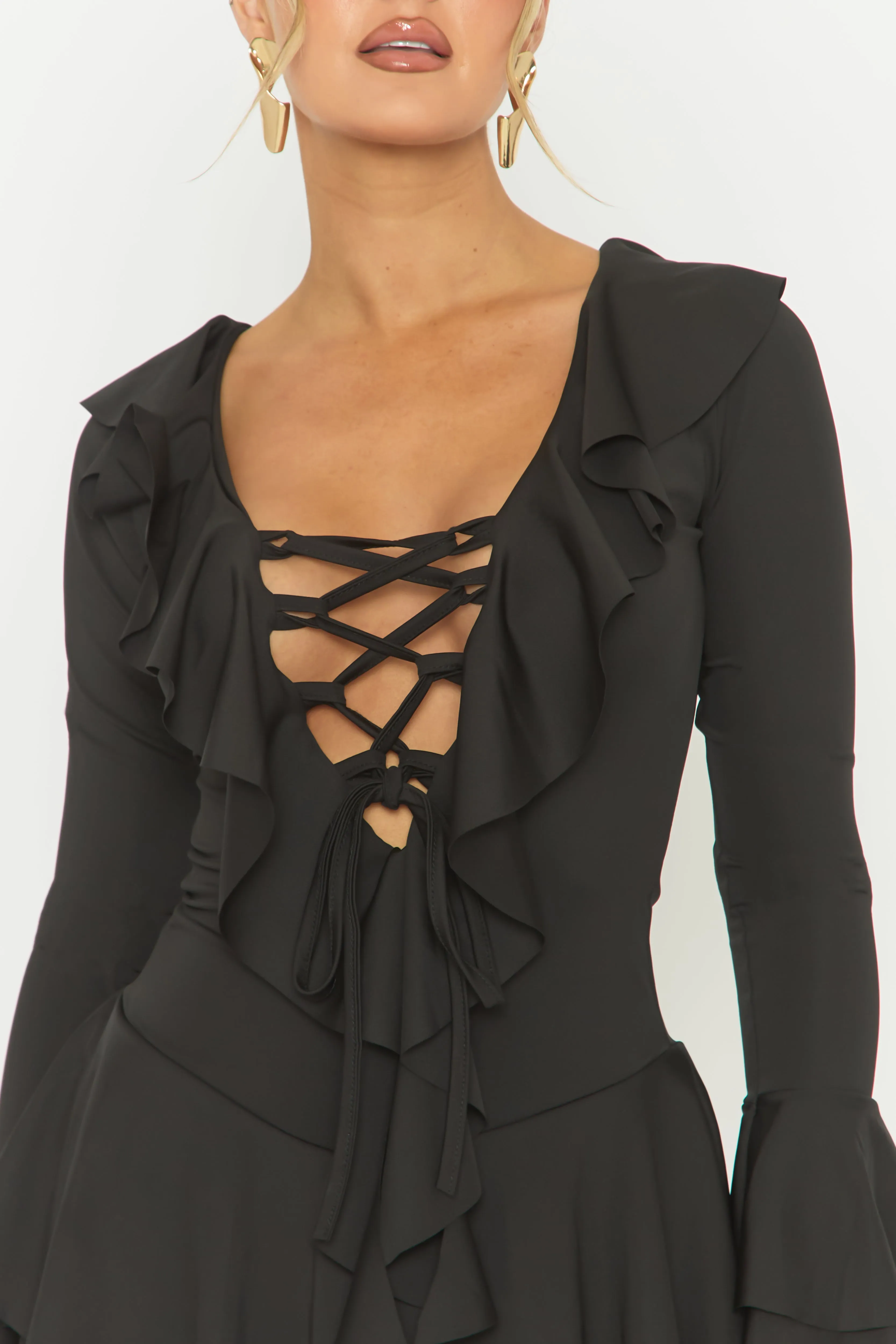 Black Tie Front Ruffle Hem Playsuit - Nevia sold by Rebellious Fashion product image thumbnail 3