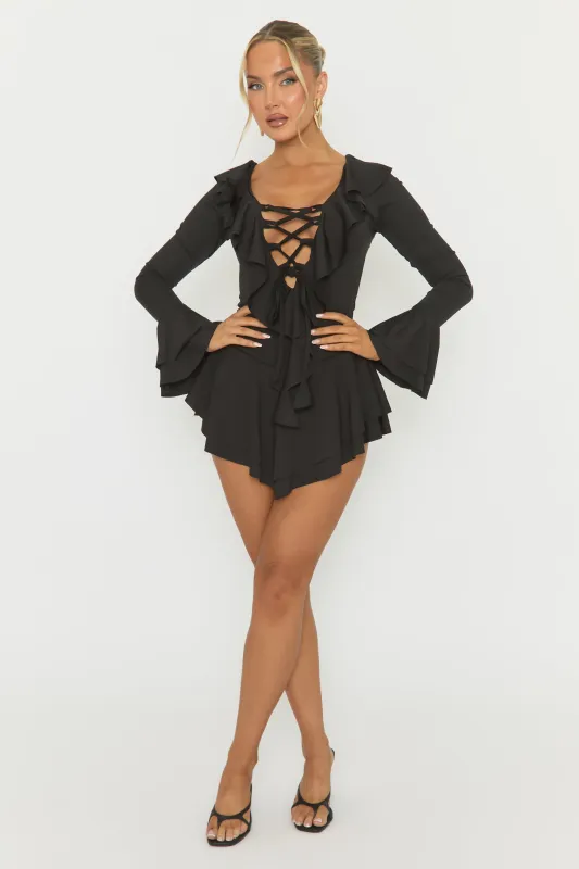 Black Tie Front Ruffle Hem Playsuit - Nevia sold by Rebellious Fashion