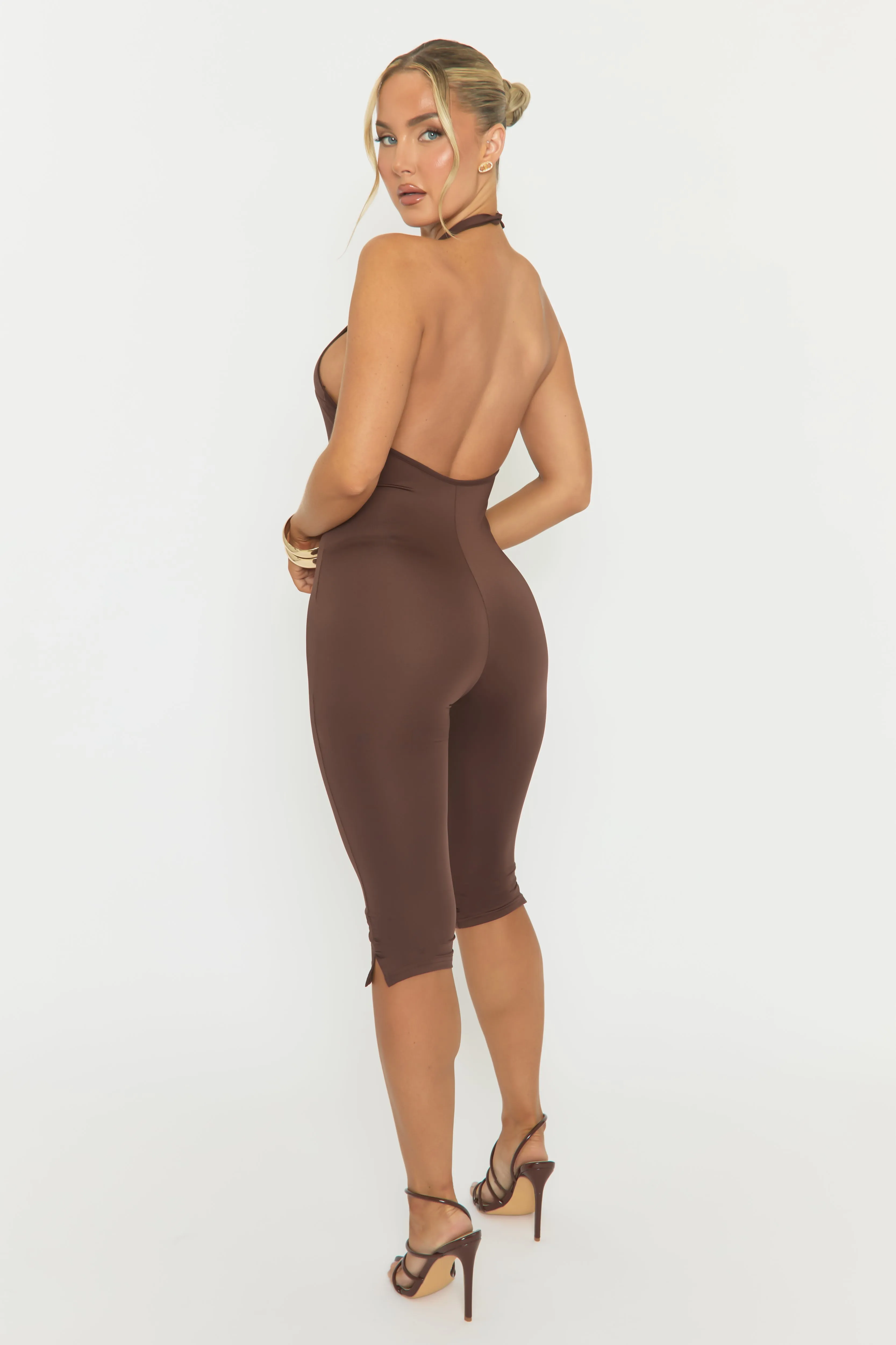 Chocolate Halterneck Square Neck Capri Jumpsuit - Renelle sold by Rebellious Fashion product image thumbnail 5