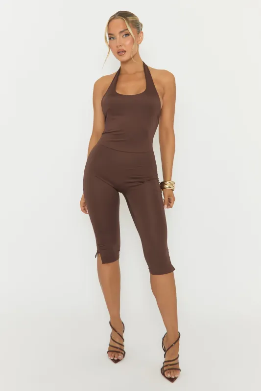 Chocolate Halterneck Square Neck Capri Jumpsuit - Renelle sold by Rebellious Fashion
