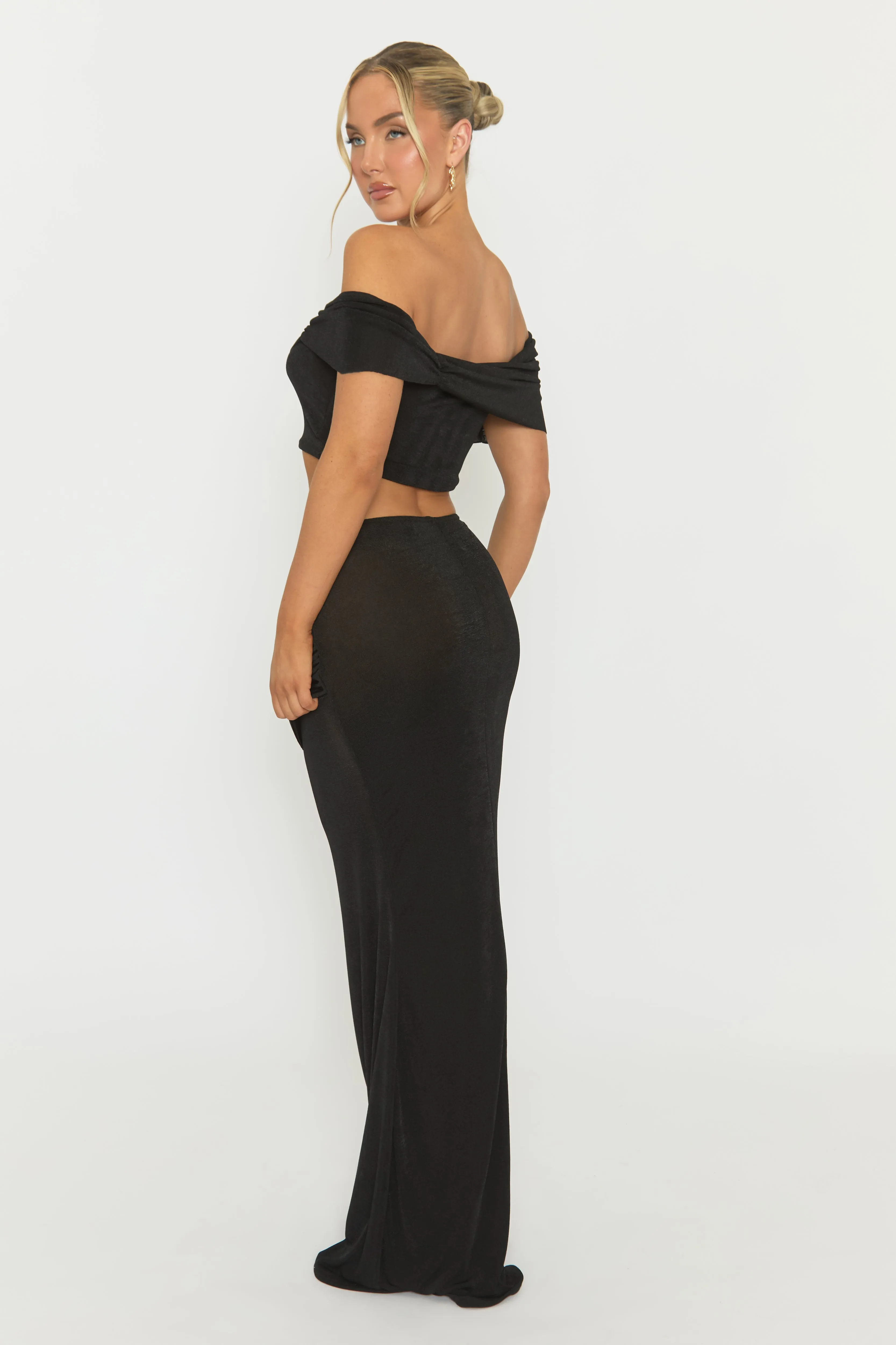 Black Acetate Slinky Bardot Crop Top and Maxi Skirt Co-ord Set - Derren sold by Rebellious Fashion product image thumbnail 5