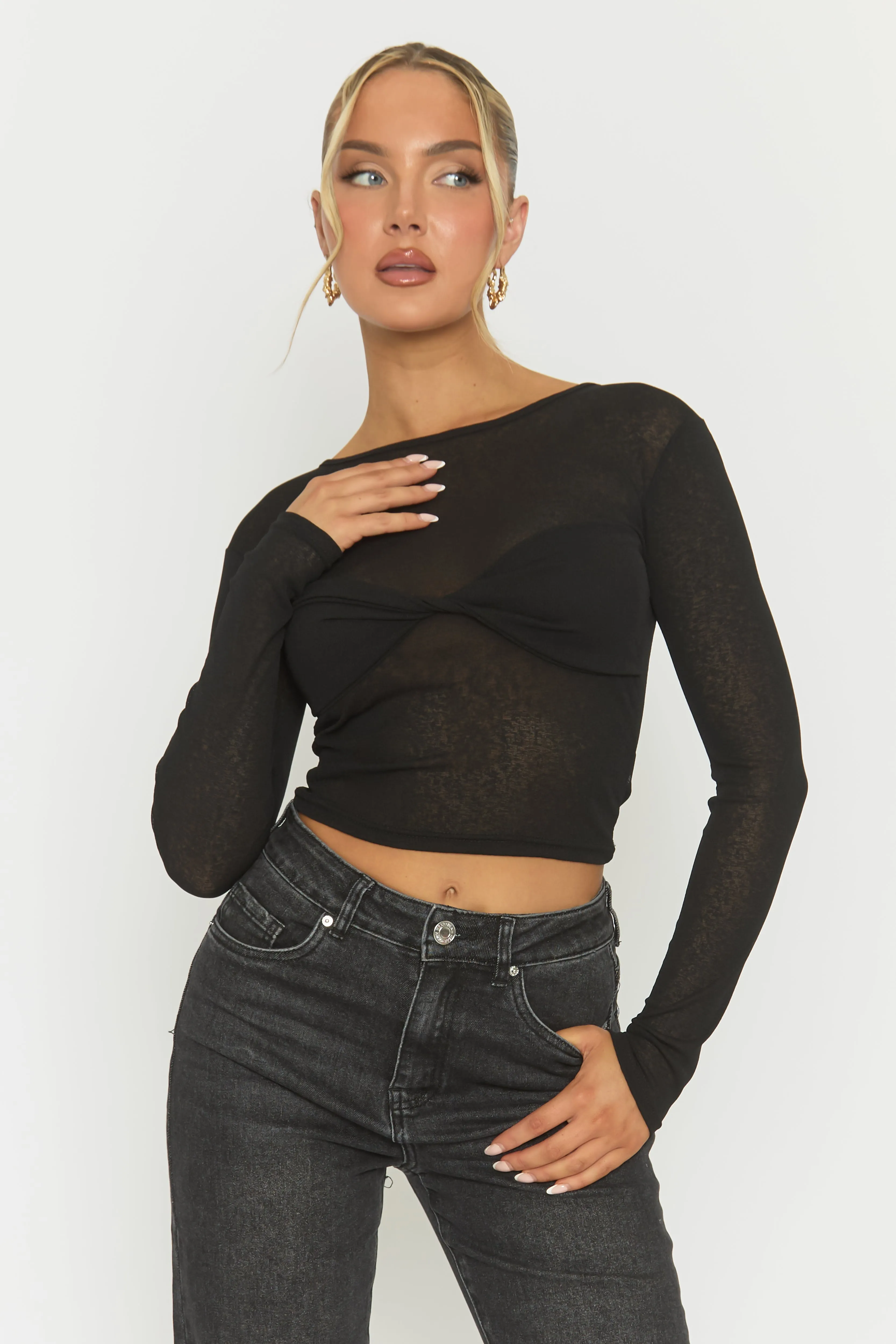 Black Twist Front Long Sleeve Top - Kaylia sold by Rebellious Fashion