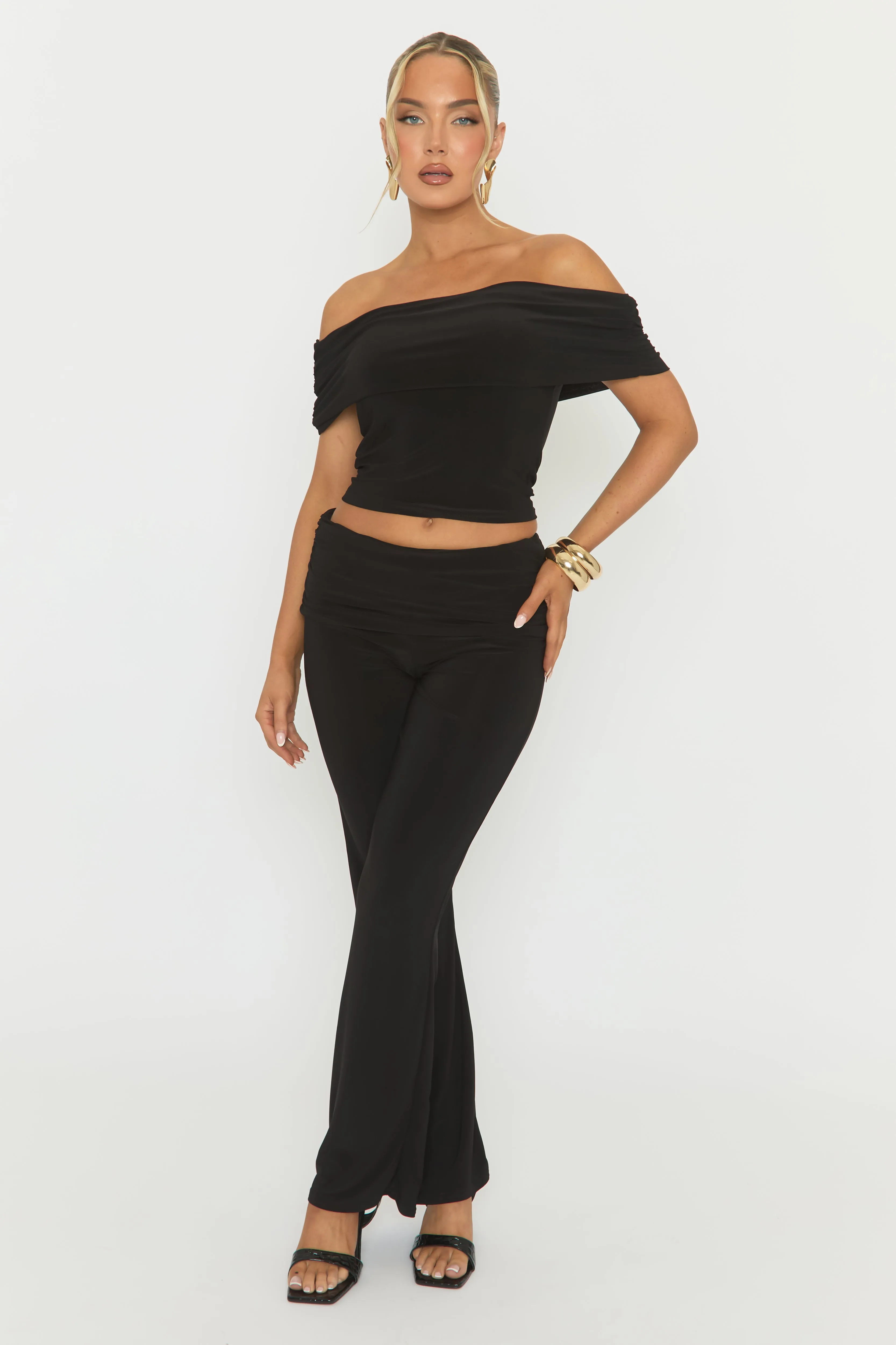 Black Bardot Top and Fold Over Waistband Trousers Co-ord Set - Jeelan sold by Rebellious Fashion product image thumbnail 2