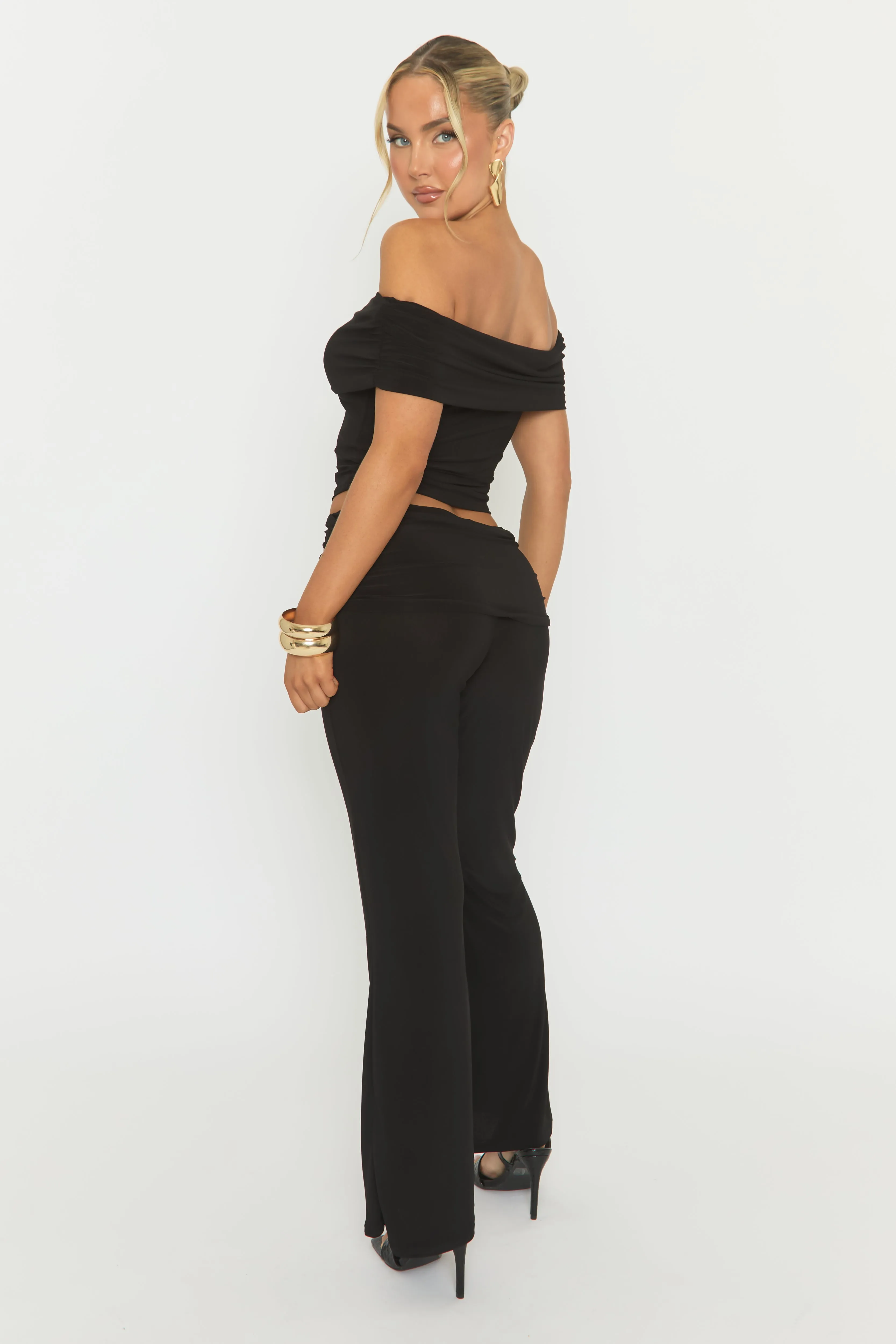 Black Bardot Top and Fold Over Waistband Trousers Co-ord Set - Jeelan sold by Rebellious Fashion product image thumbnail 5
