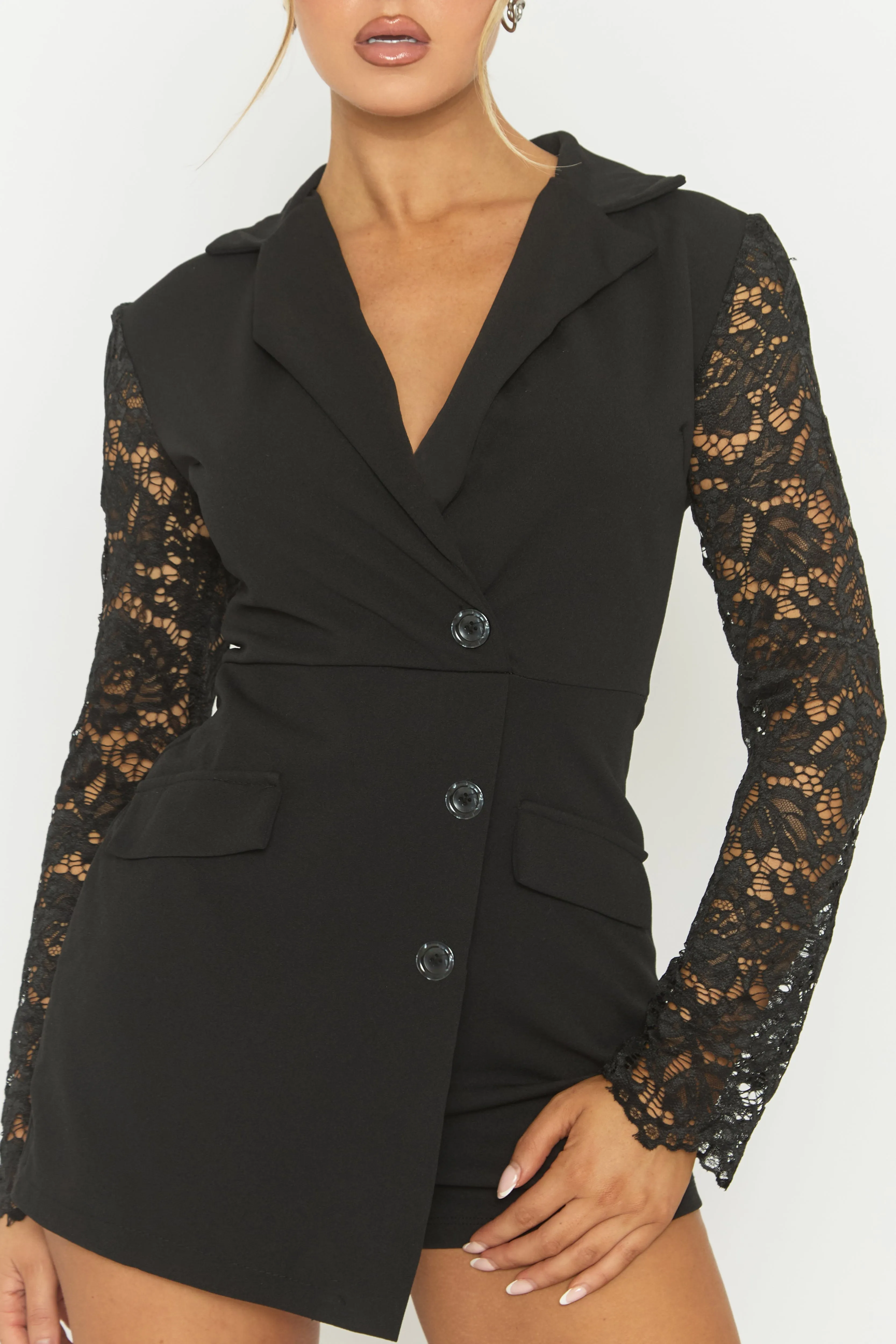 Black Lace Sleeve Tailored Blazer Playsuit - Maisee sold by Rebellious Fashion product image thumbnail 3