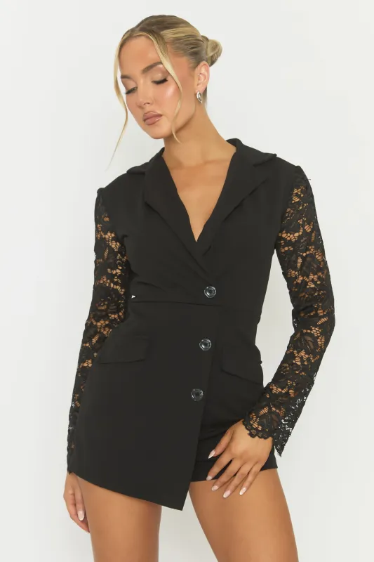 Black Lace Sleeve Tailored Blazer Playsuit - Maisee sold by Rebellious Fashion