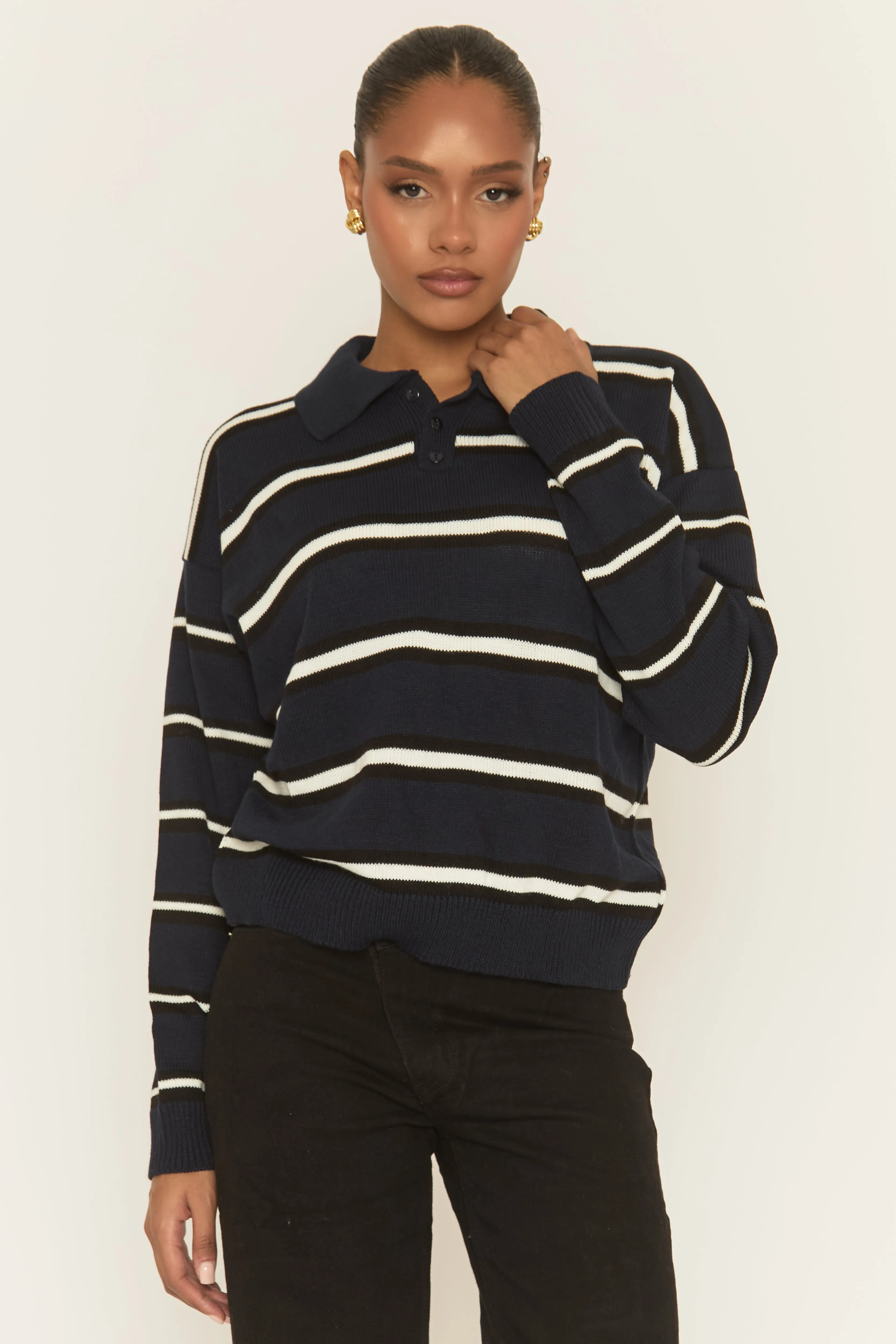 Navy Stripe Collared Knit Jumper - Arana sold by Rebellious Fashion