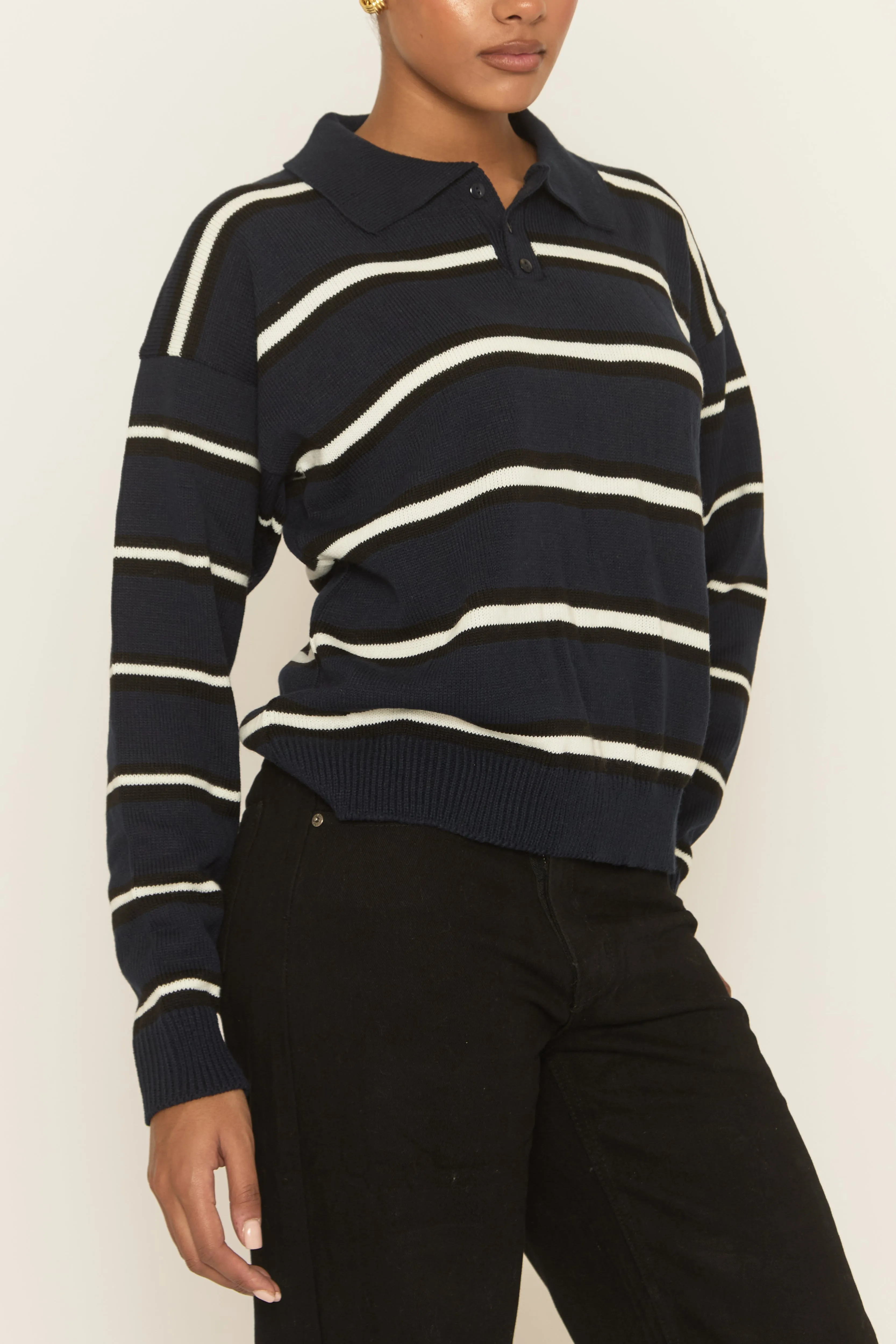 Navy Stripe Collared Knit Jumper - Arana sold by Rebellious Fashion product image thumbnail 4
