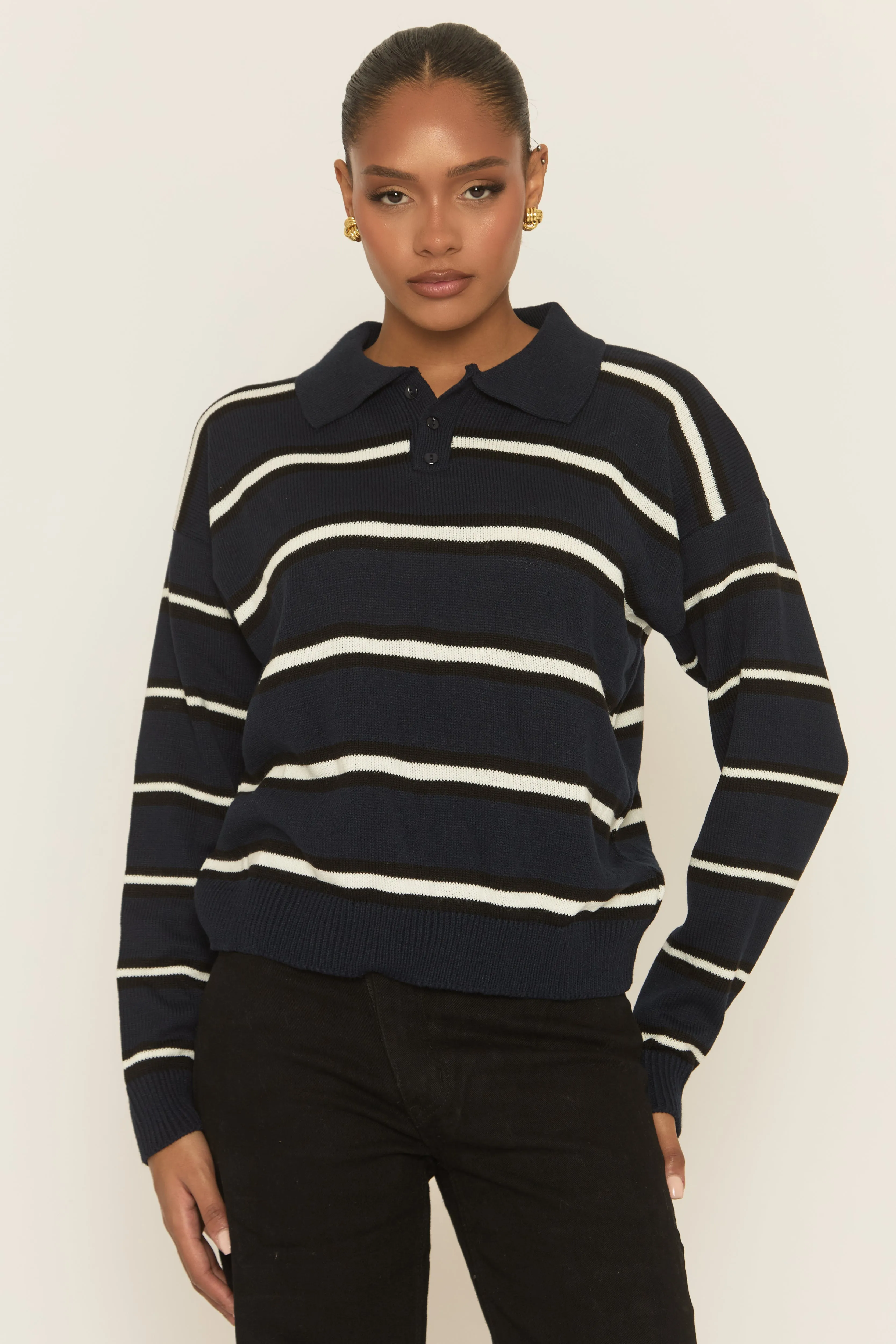 Navy Stripe Collared Knit Jumper - Arana sold by Rebellious Fashion product image thumbnail 3