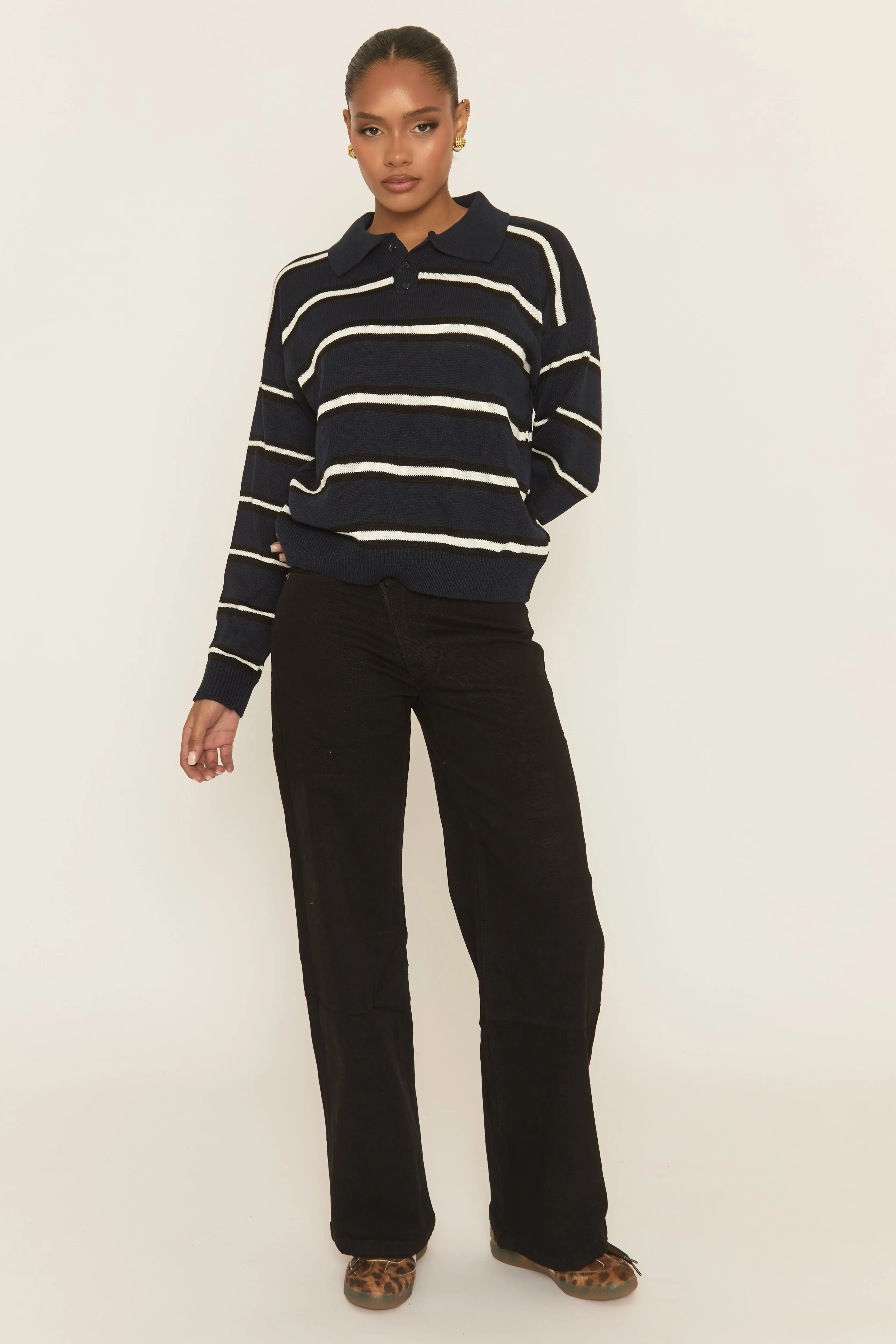 Navy Stripe Collared Knit Jumper - Arana sold by Rebellious Fashion product image thumbnail 2