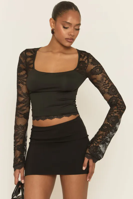 Black Lace Square Neck Long Sleeve Top - Rosalia sold by Rebellious Fashion