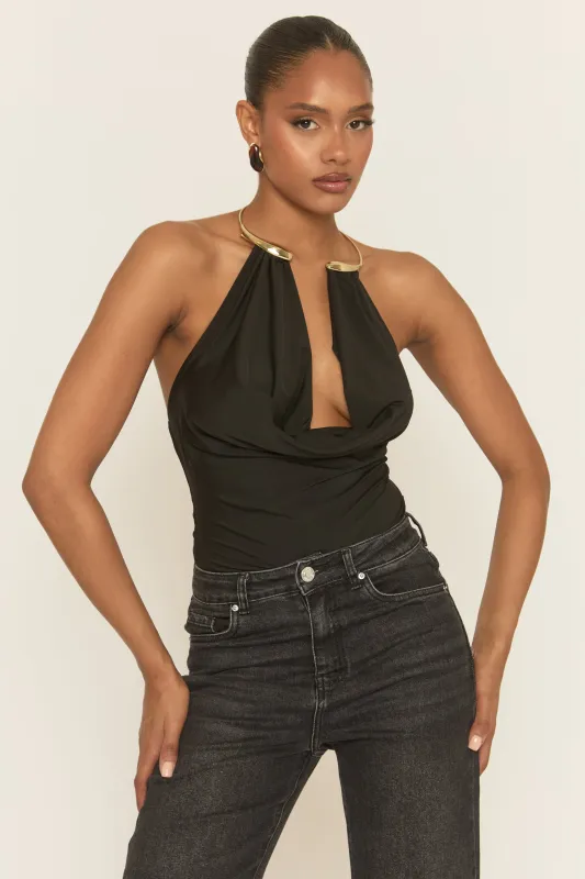 Black Gold Trim Cowl Neck Bodysuit - Irella sold by Rebellious Fashion