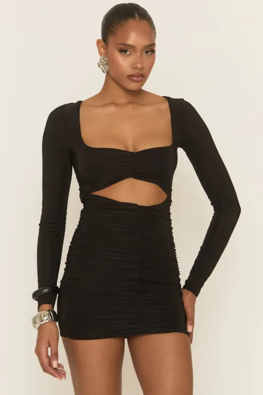 Black Cut Out Ruched Long Sleeve Mini Dress - Sorelle sold by Rebellious Fashion