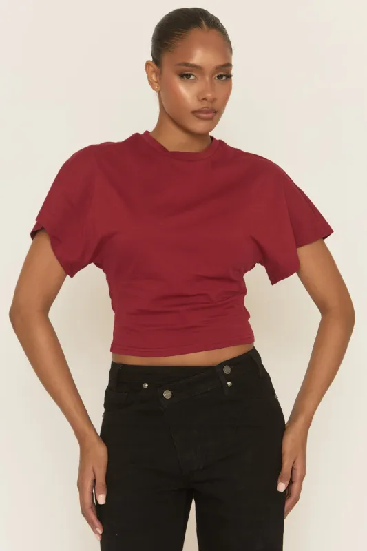 Wine Short Sleeve Cinched Waist T-Shirt - Hilde sold by Rebellious Fashion