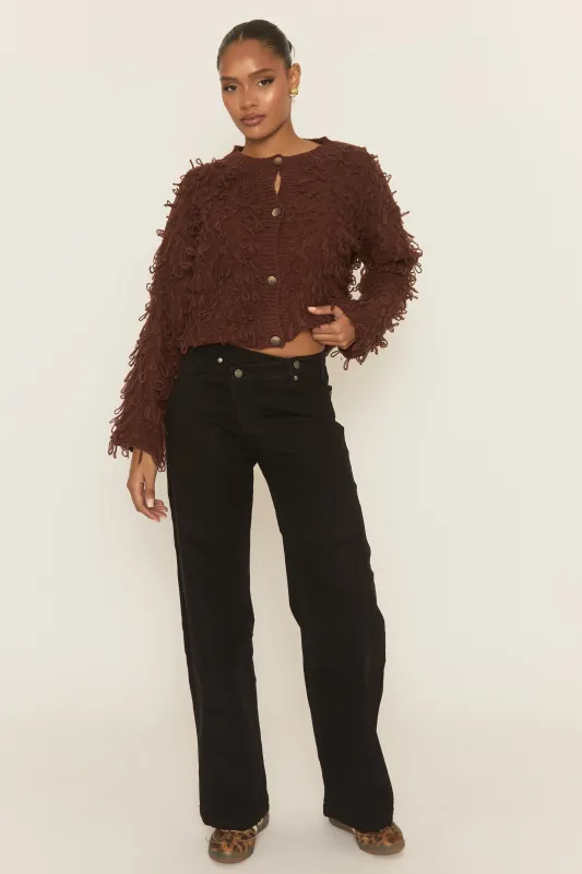 Chocolate Loop Knit Fringe Button Up Cardigan - Lornia sold by Rebellious Fashion
