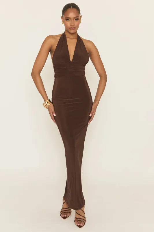 Chocolate Halterneck Tie Back Maxi Dress - Amalfie sold by Rebellious Fashion