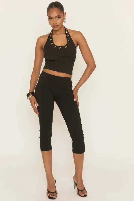 Black Eyelet Trim Halterneck Top - Janella sold by Rebellious Fashion