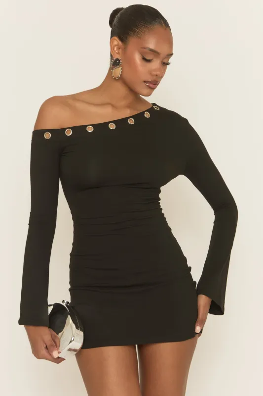 Black Eyelet Trim Asymmetric Mini Dress - Evia sold by Rebellious Fashion