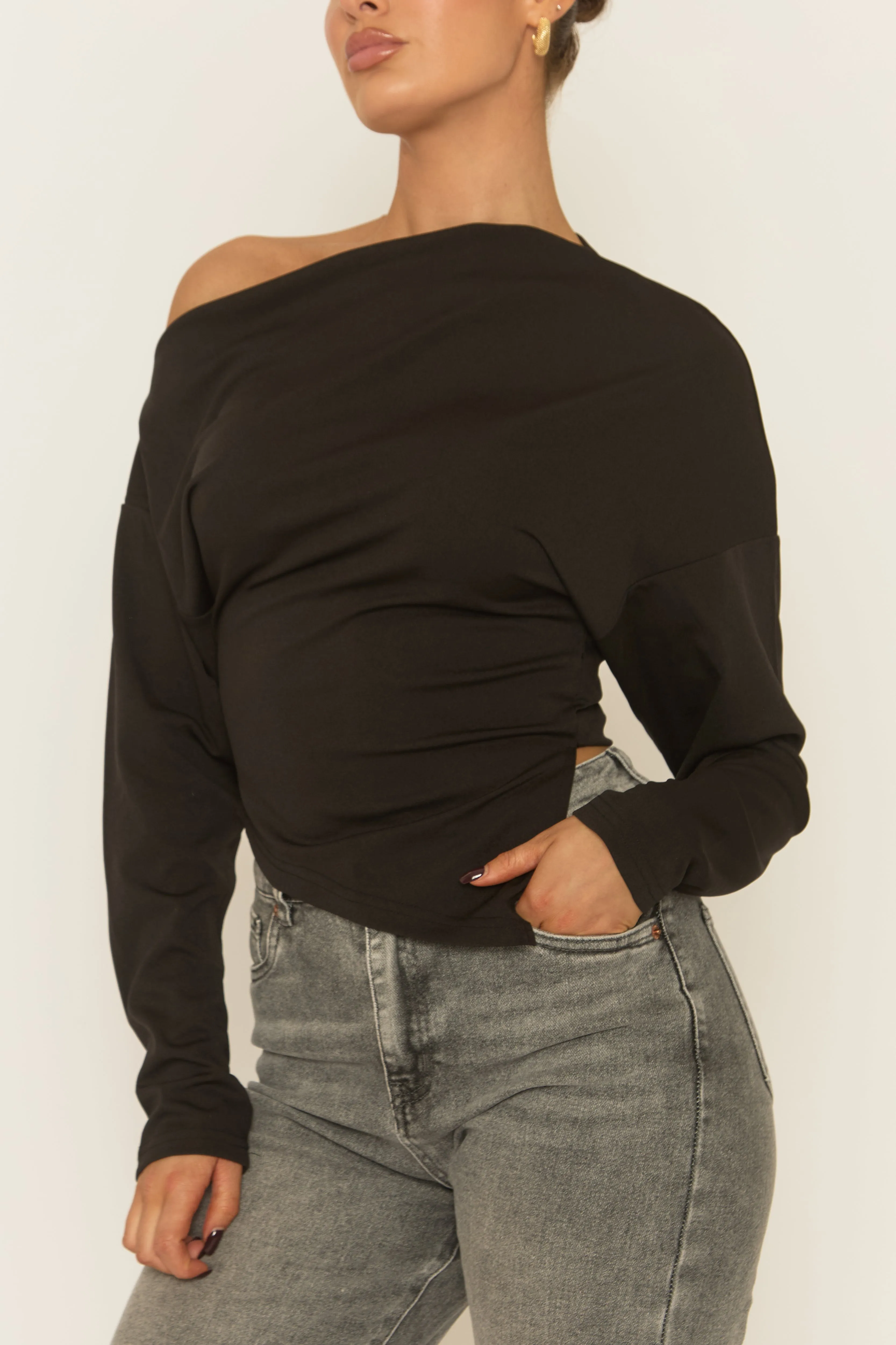 Black Asymmetric Cinched Waist Long Sleeve Top - Ailee sold by Rebellious Fashion product image thumbnail 4