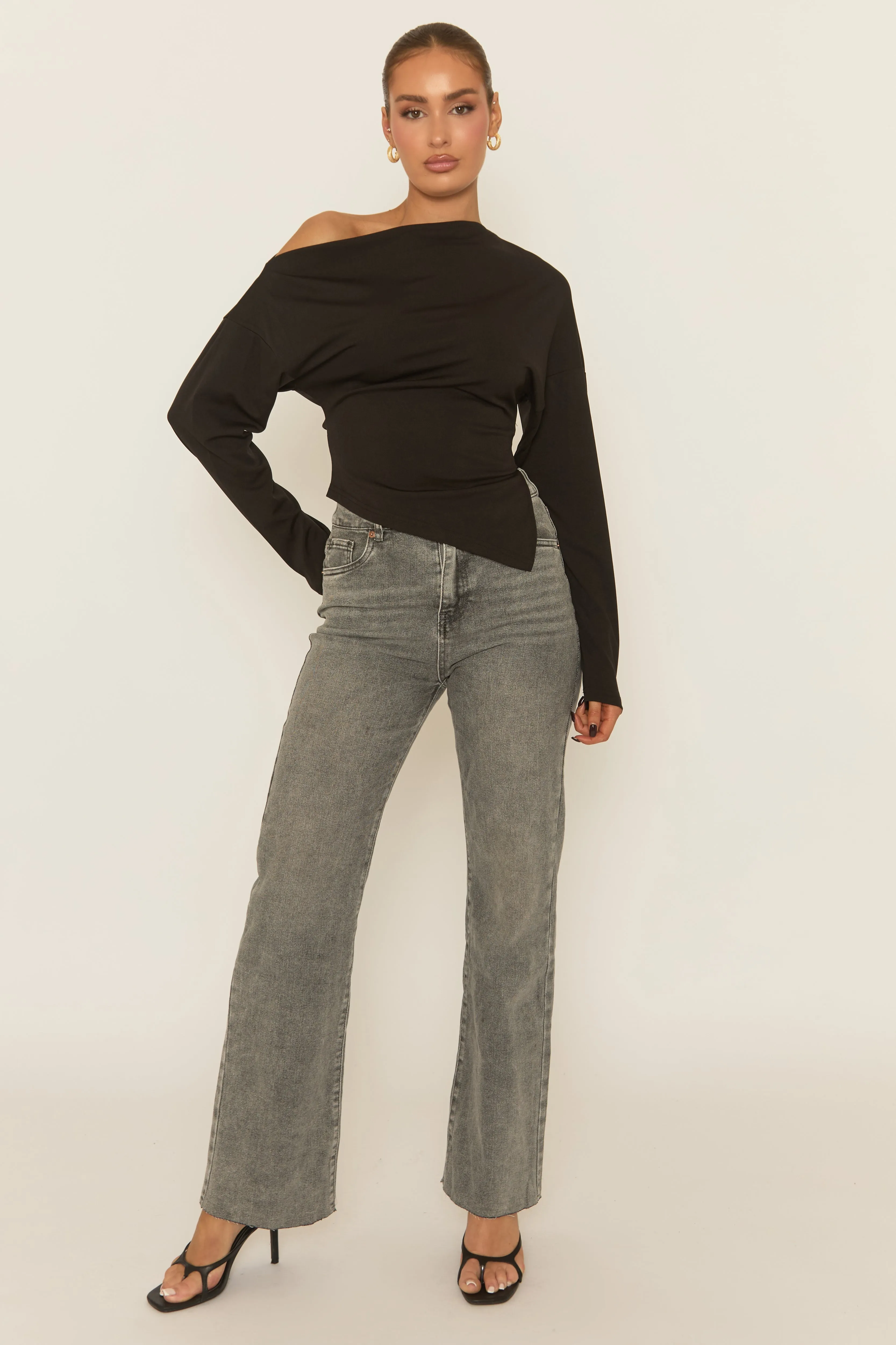 Black Asymmetric Cinched Waist Long Sleeve Top - Ailee sold by Rebellious Fashion product image thumbnail 2