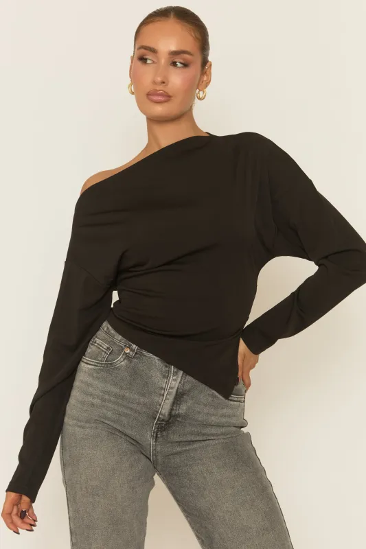 Black Asymmetric Cinched Waist Long Sleeve Top - Ailee sold by Rebellious Fashion
