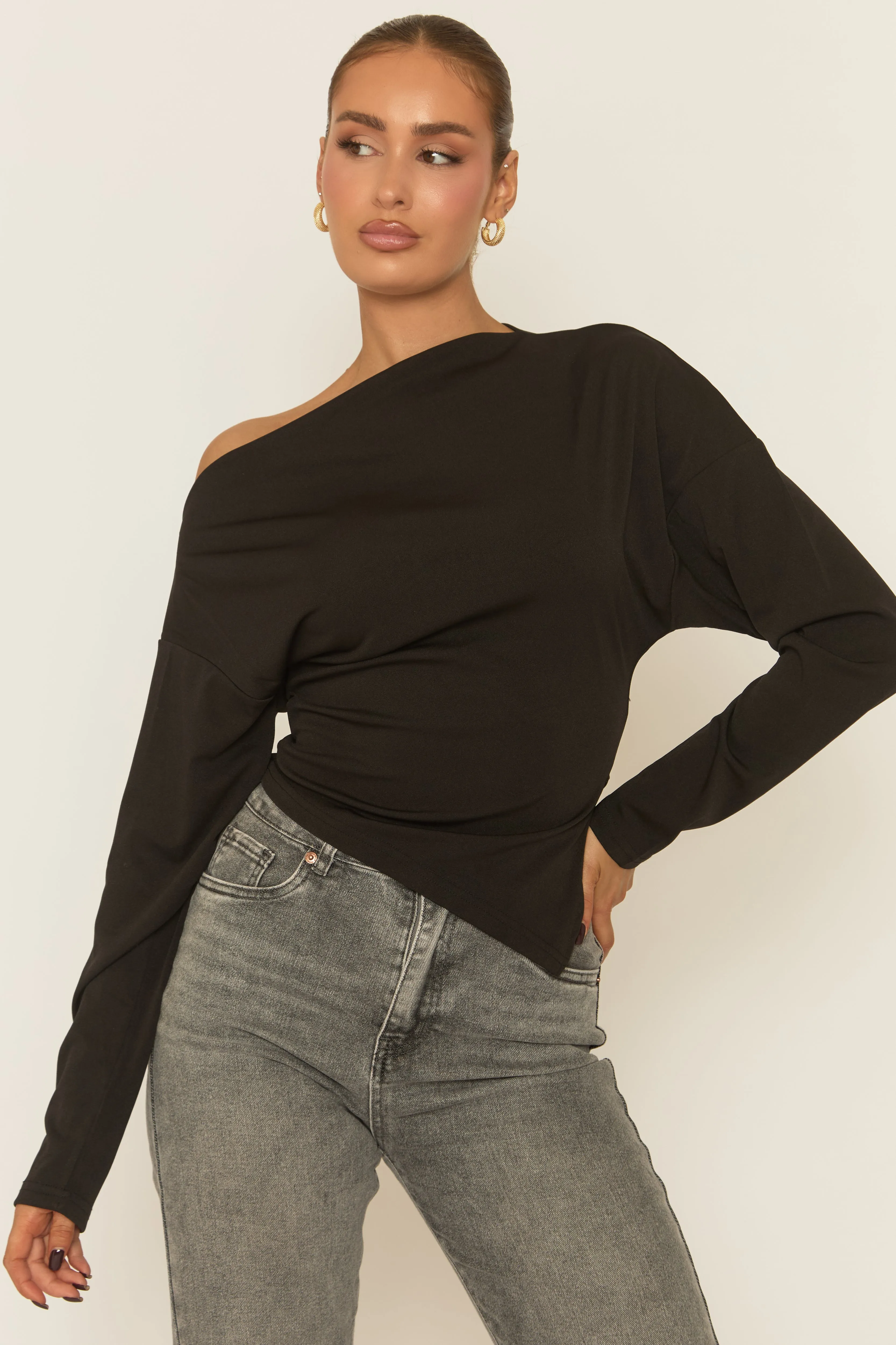 Black Asymmetric Cinched Waist Long Sleeve Top - Ailee sold by Rebellious Fashion